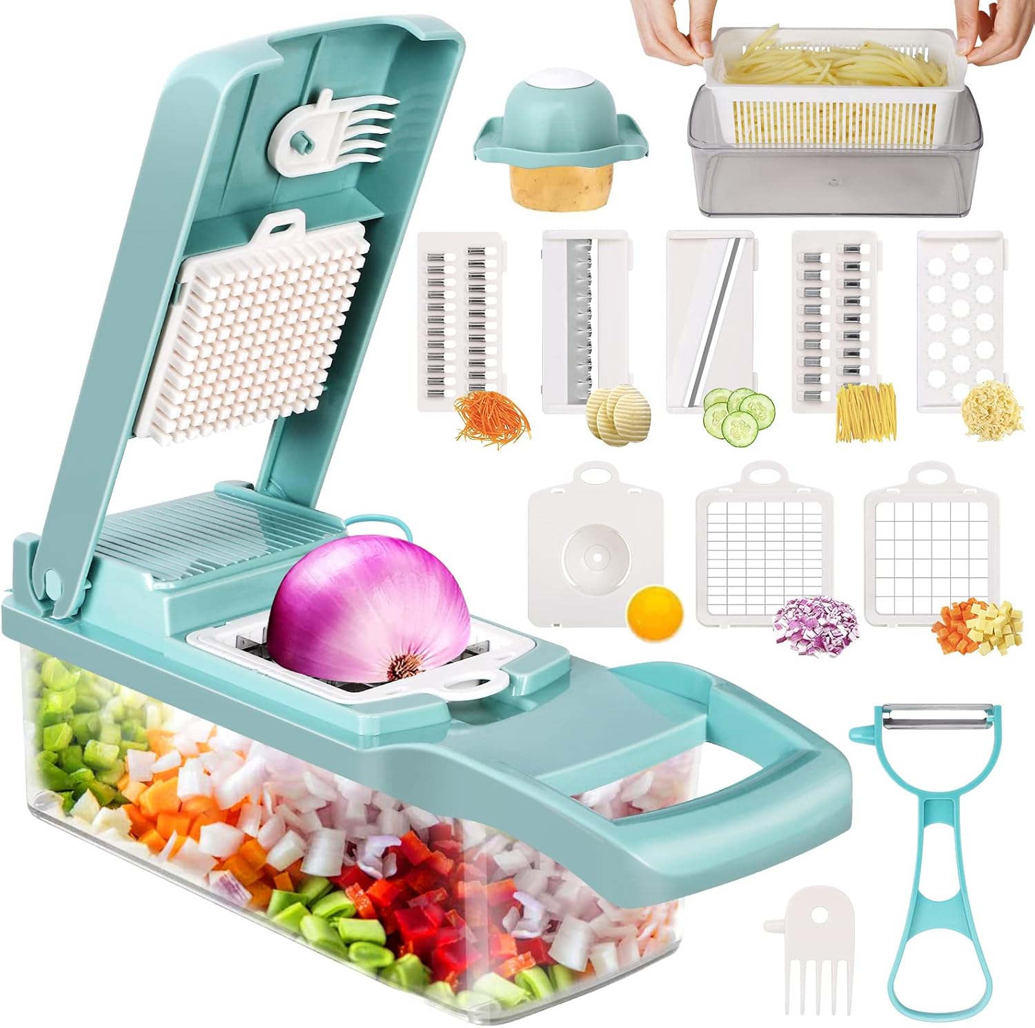 14 in 1 Vegetable Chopper, Multifunctional Mandoline Slicer Dicer Household Kitchen Manual Julienne Grater Cutter for Onion, Garlic, Carrot, Potato,Fruit, Salad Blue