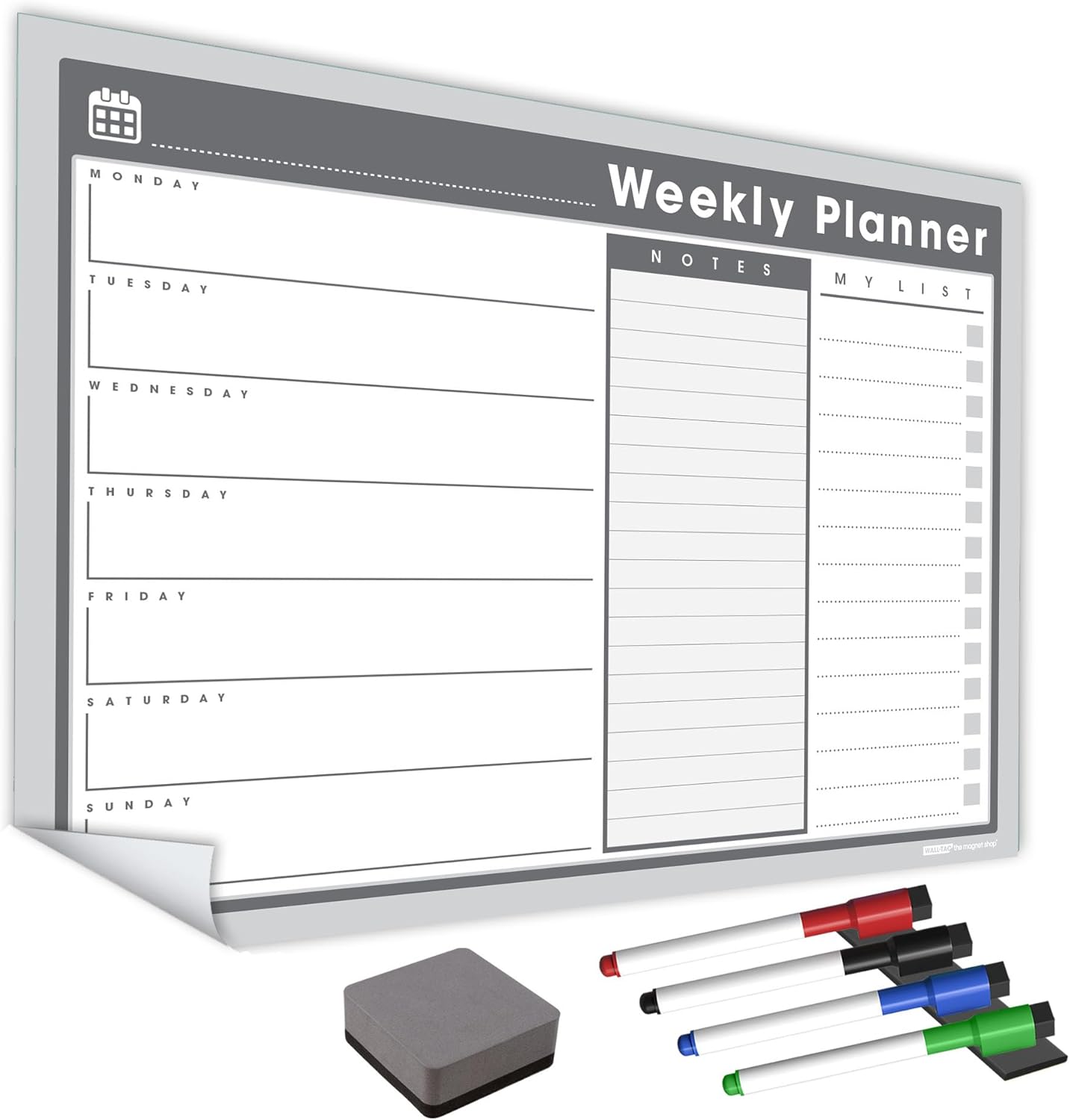 WallTAC A3 Weekly Planner Whiteboard Sticker for Wall | Made in The UK | Easy-to-Remove Dry Wipe Calendar with Reusable Adhesive | Family Meal Planner or to Do List for Home and Office