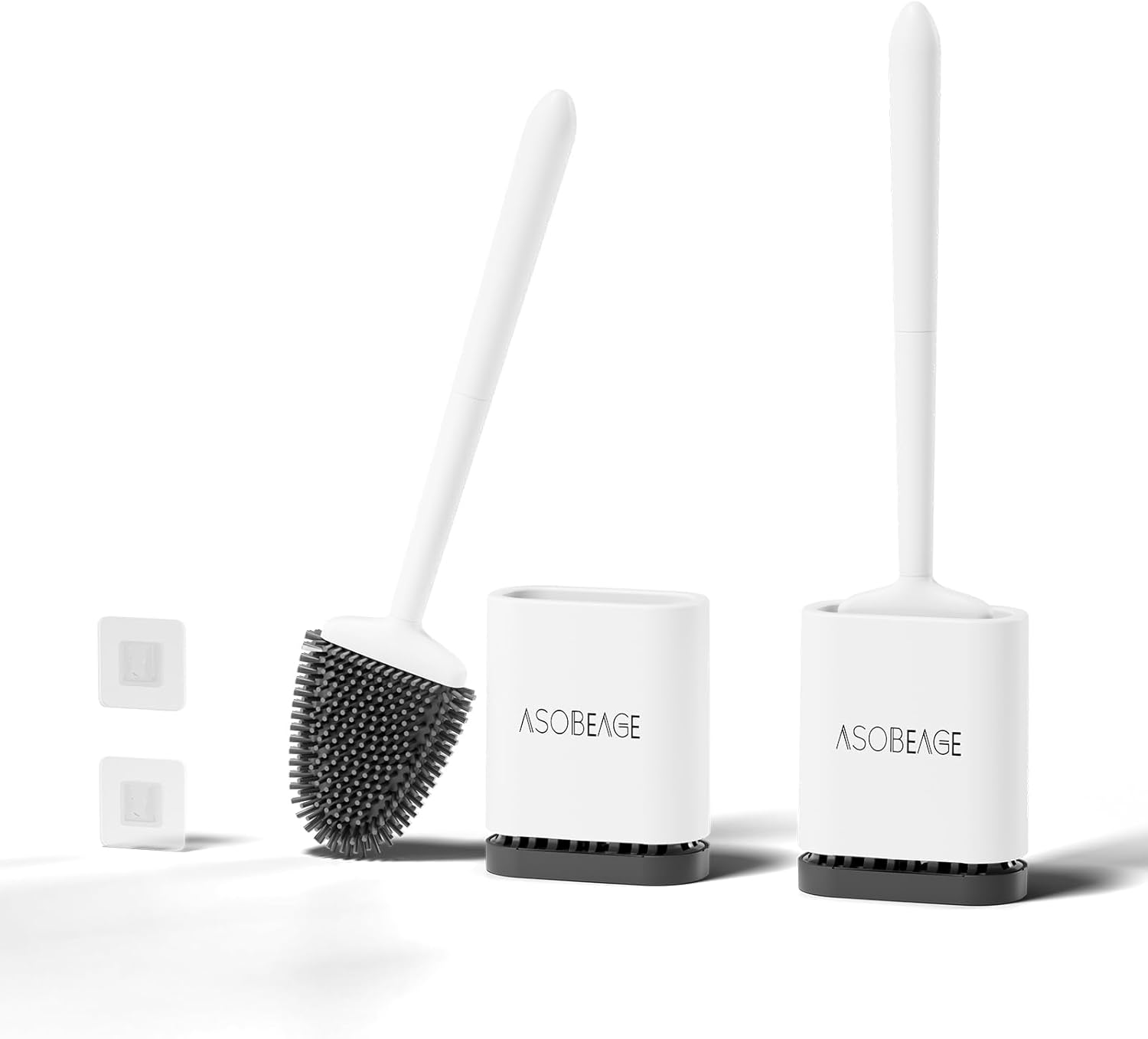 ASOBEAGE Silicone Toilet Brush: Flexible Head, Long Handle, Wall-mounted, Quick-drying Holder for Bathroom Clean (White, 2 Packs)