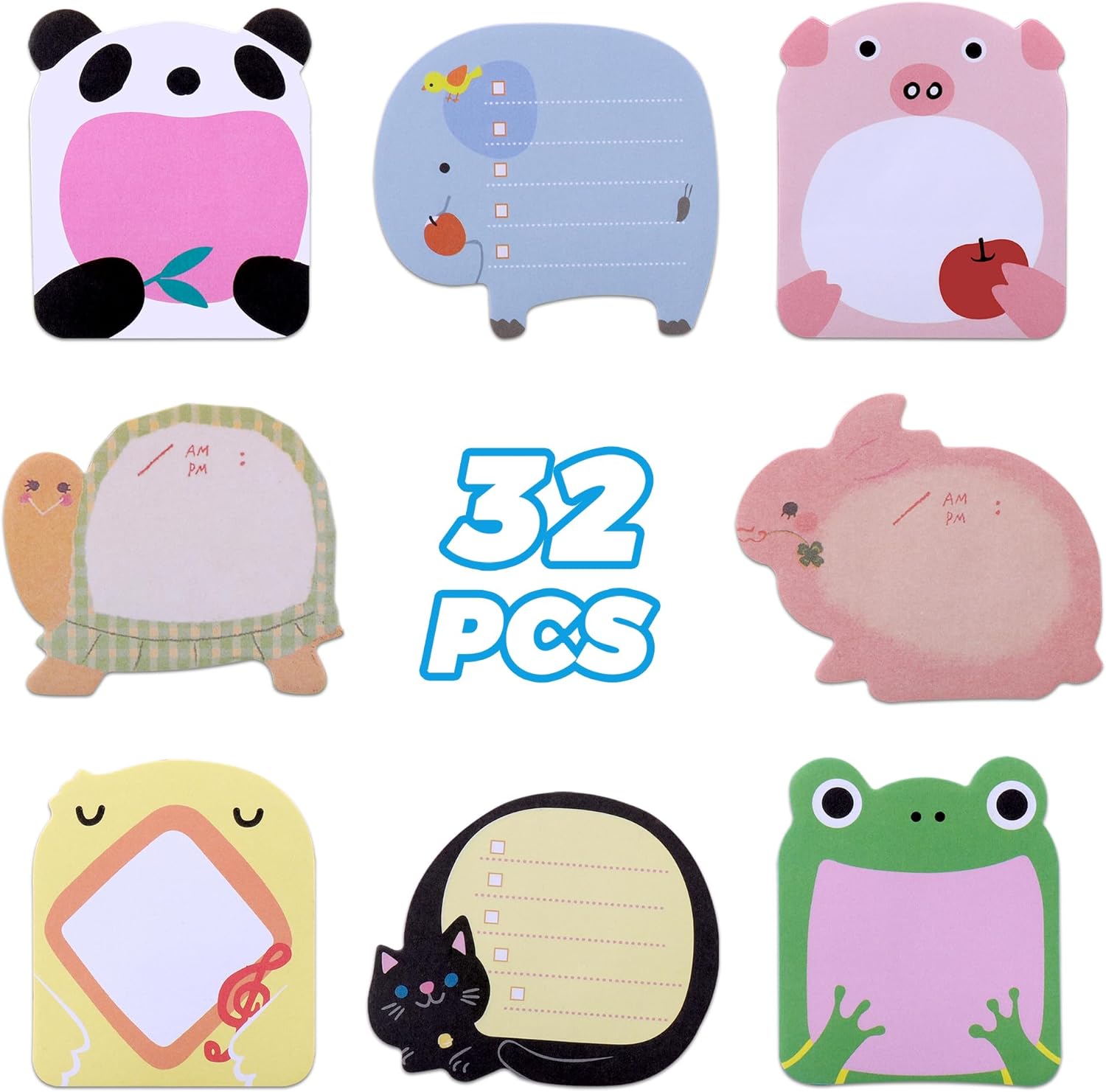 32 Pack Cute Animal Sticky Notes for Party Bags, 8 Styles 640 Sheets Party Bag Fillers for Kids, Party Favour Cartoon Animal Sticky Notes Set