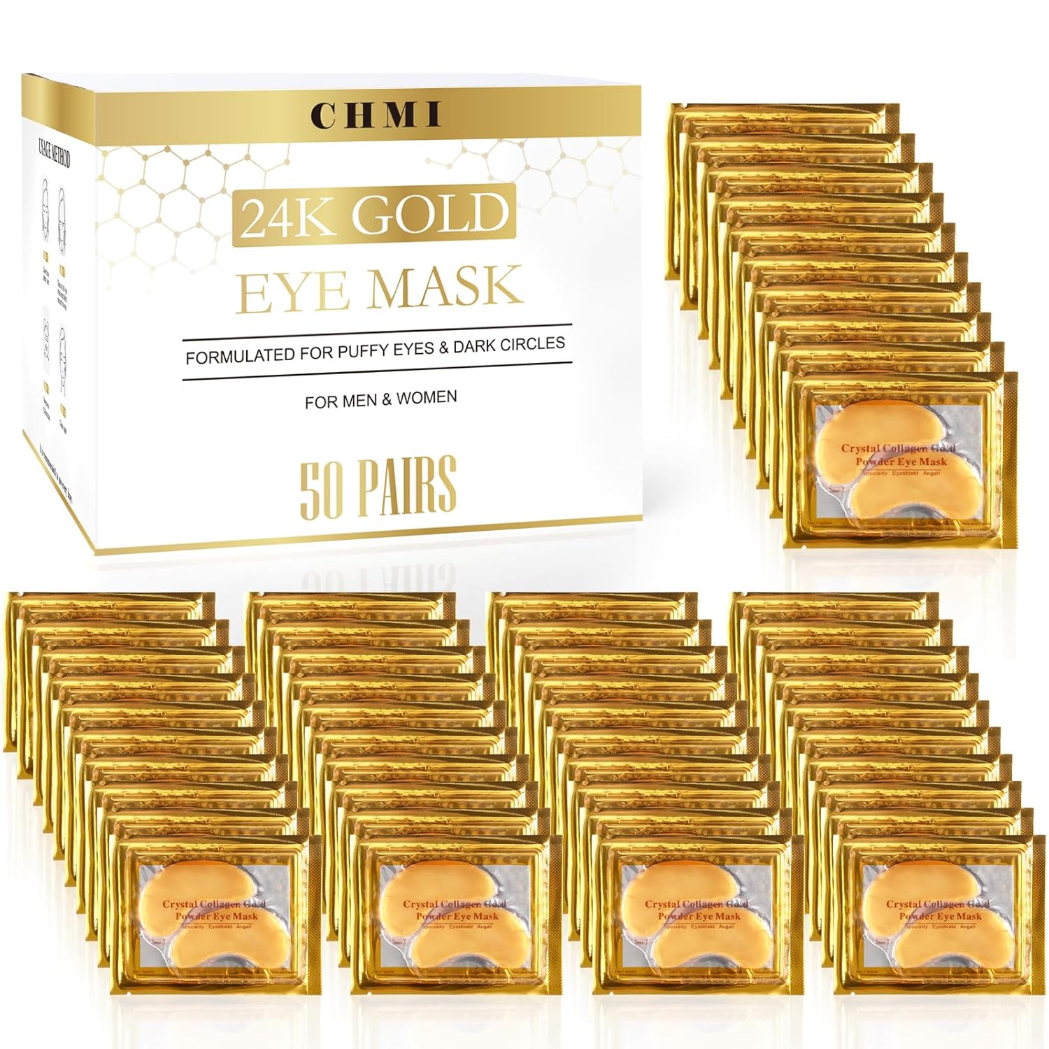 CHMI Under Eye Patches (50 Pairs) – 24K Gold Eye Patches for Puffy Eyes, Dark Circles, EyeBags and Wrinkles, Collagen Skin Care Products, Beauty & Personal Care