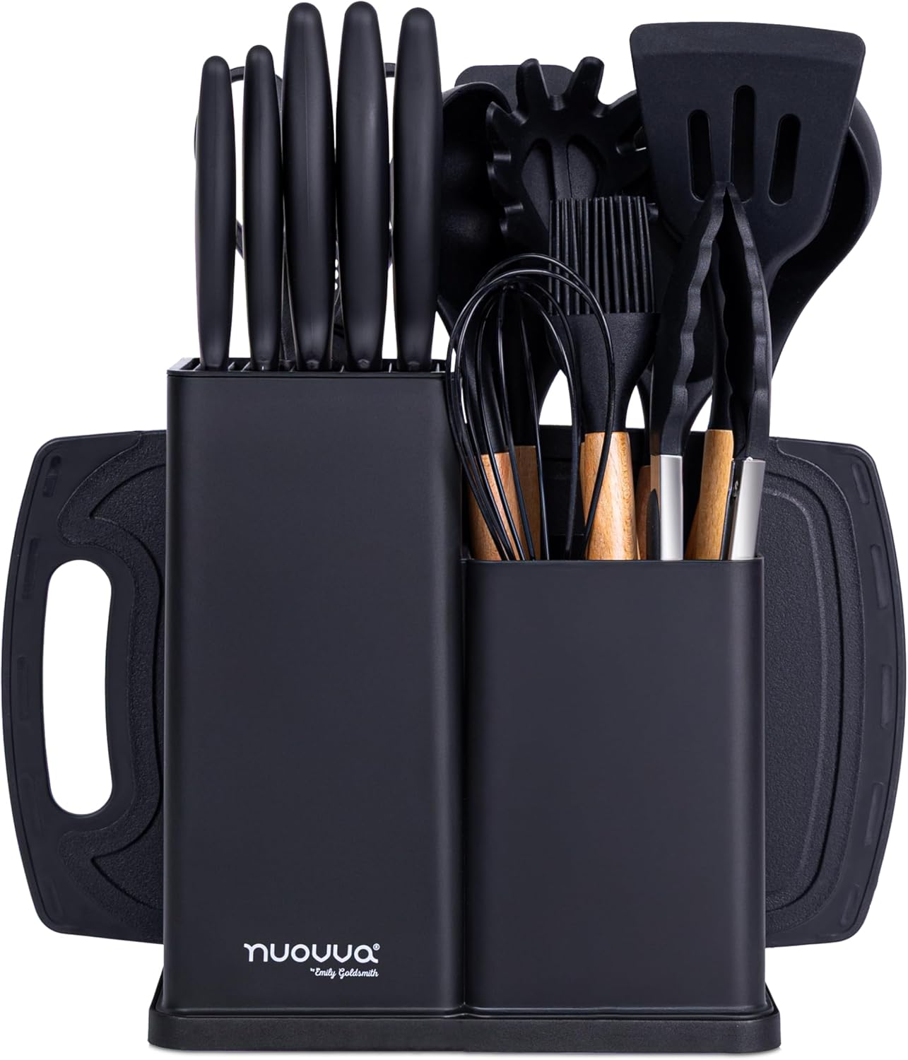 Cooking Utensils Set with Chopping Board – Knife Set with Block – Heat Resistant Silicone Utensils with Wooden Handle, Spoons, Ladles & Spatula – Kitchen Tools & Accessories – 17pcs, Black – by Nuovva