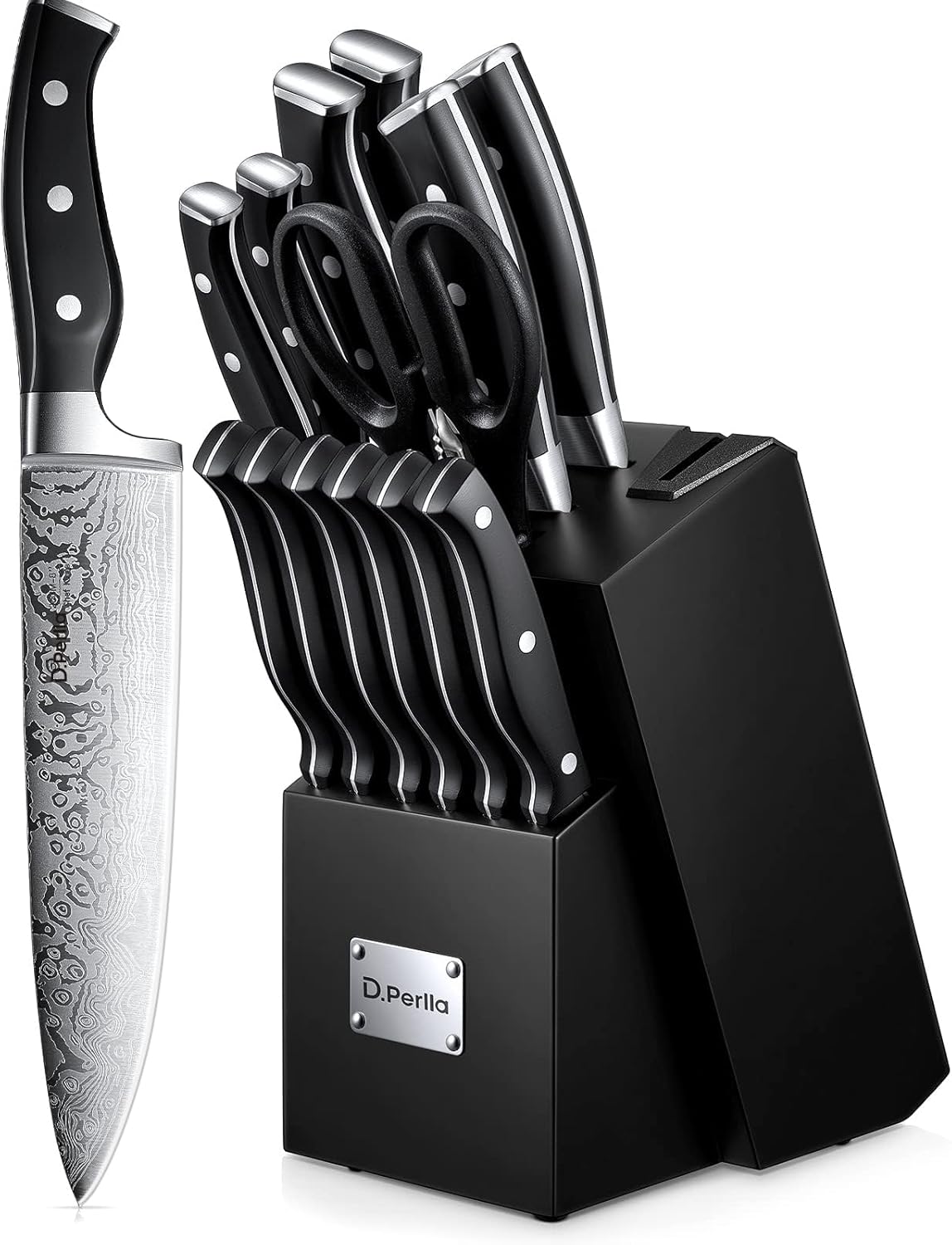 D.Perlla Knife Set, 14 Pieces Kitchen Knife Set with Self Sharpening Wooden Block, German Stainless Steel Knife Block Set with Steak Knives, Black