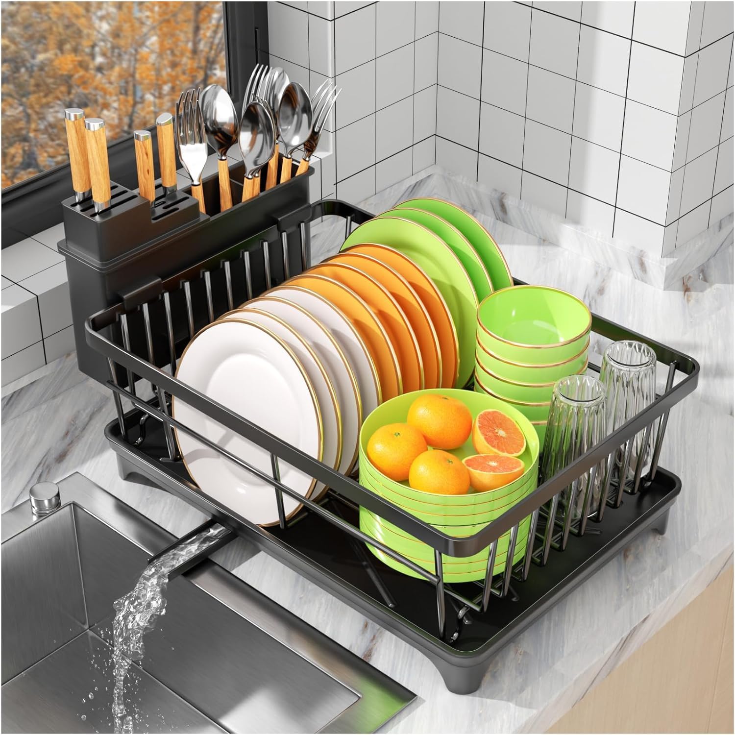Dish Drainer Rack – Space Saving Dish Rack for Kitchen Counter, Kitchen Dish Drainer with Utensil Holder, Drain Board, Black