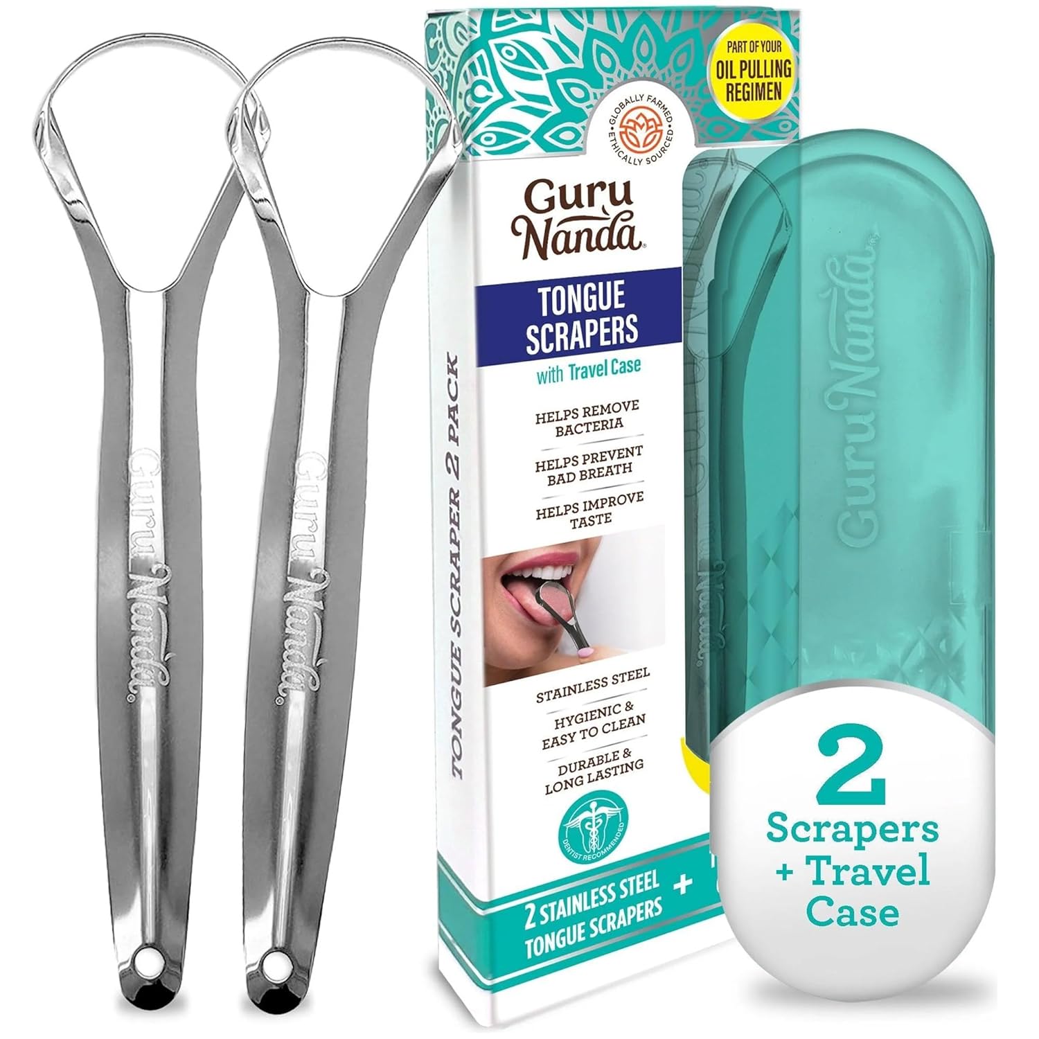 GuruNanda Tongue Scraper for Adults (2 Pack) with Travel Case, 420 Medical-Grade 100% Stainless Steel Tongue Cleaner, Aids in Fresh Breath & Oral Care