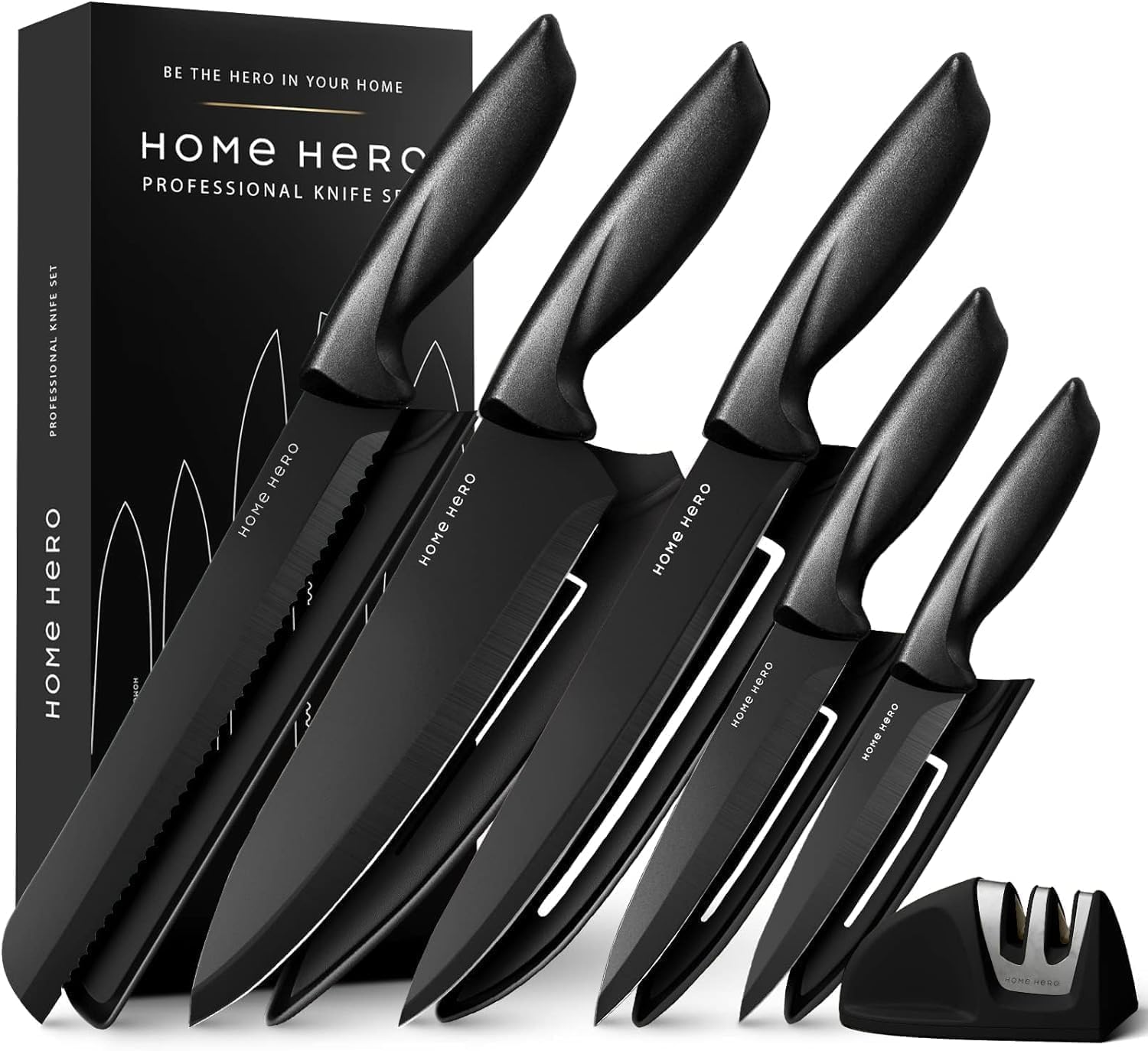 Home Hero Ultra-Sharp Stainless Steel Kitchen Knife Set – Chef Knives Set (5 Knives, 5 Sheath, Sharpener – Black)