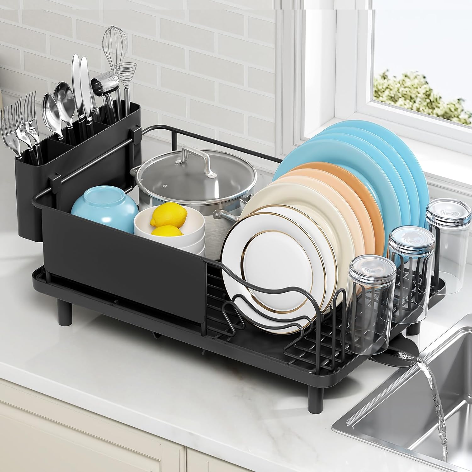 KINGRACK Dish Drainer Rack, Stainless Steel Dish Rack, Draining Board Rack with Anti-Rust Frame, Optional 2 Direction Spout Sink Drain Board Design, Removable Large Utensil Holder for Kitchen, Black