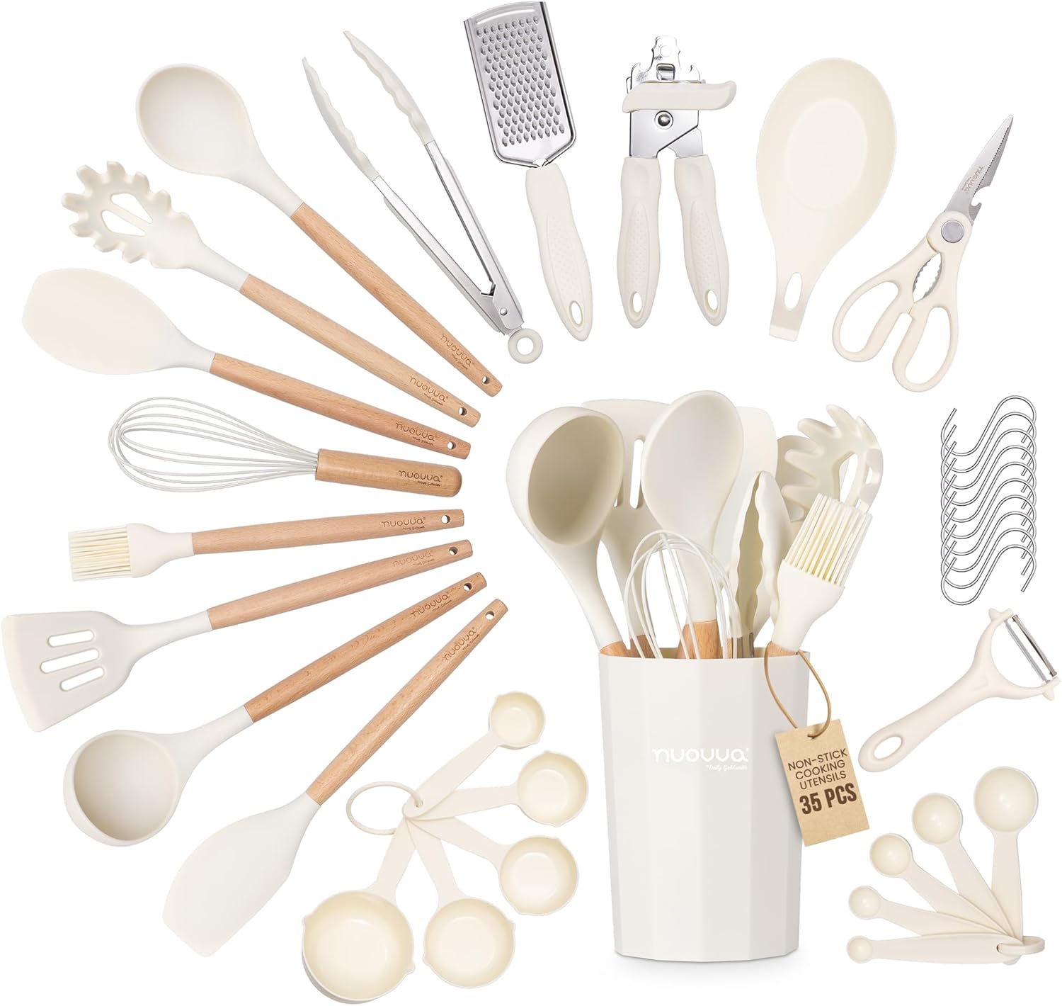 Kitchen Non Stick Cooking Utensils Set – Heat Resistant Silicone Utensils with Wooden Handle – Ladles, Spoons and Spatulas Set – Kitchen Tools & Accessories – 35pcs, Cream – by Nuovva
