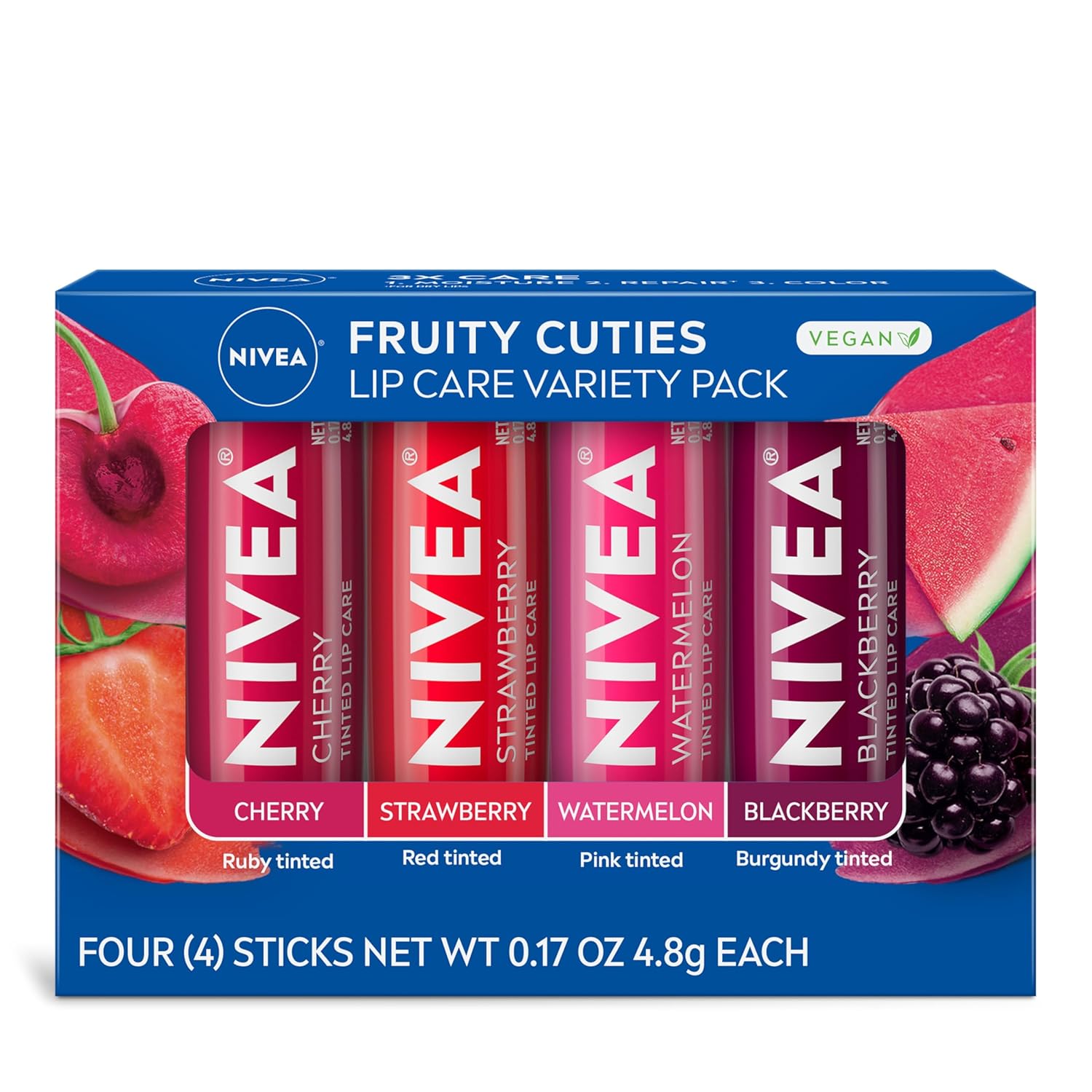 NIVEA Lip Care, Fruity Tinted Lip Balm Variety Pack, Cherry, Strawberry, Blackberry and Watermelon Flavors, 3-in-1 Moisture, Repair and Color, 0.17 Oz Stick, Pack of 4