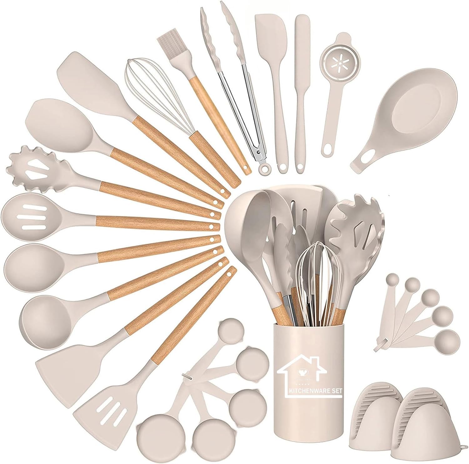 Silicone Kitchen Utensils Set, 28pcs Silicone Kitchen Cooking Utensil Set, Kitchen Tools Spatula Set with Holder for Nonstick Heat Resistant Cookware, Khaki