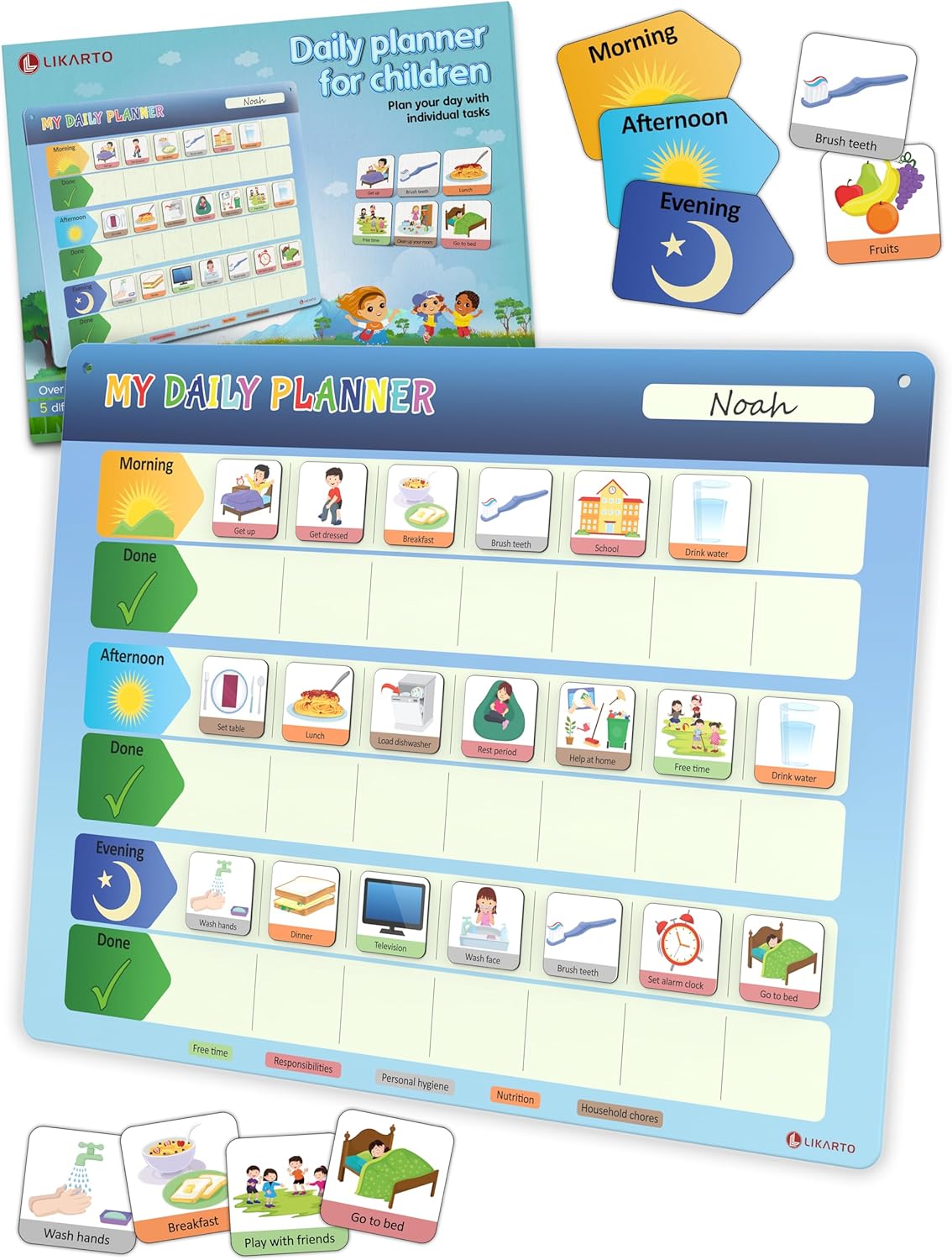 Visual Timetable Children Daily Routine Chart – Montessori Magnetic Board incl. 147 Magnets & Cord – Fully Writable & Wipeable – Encourages Independence