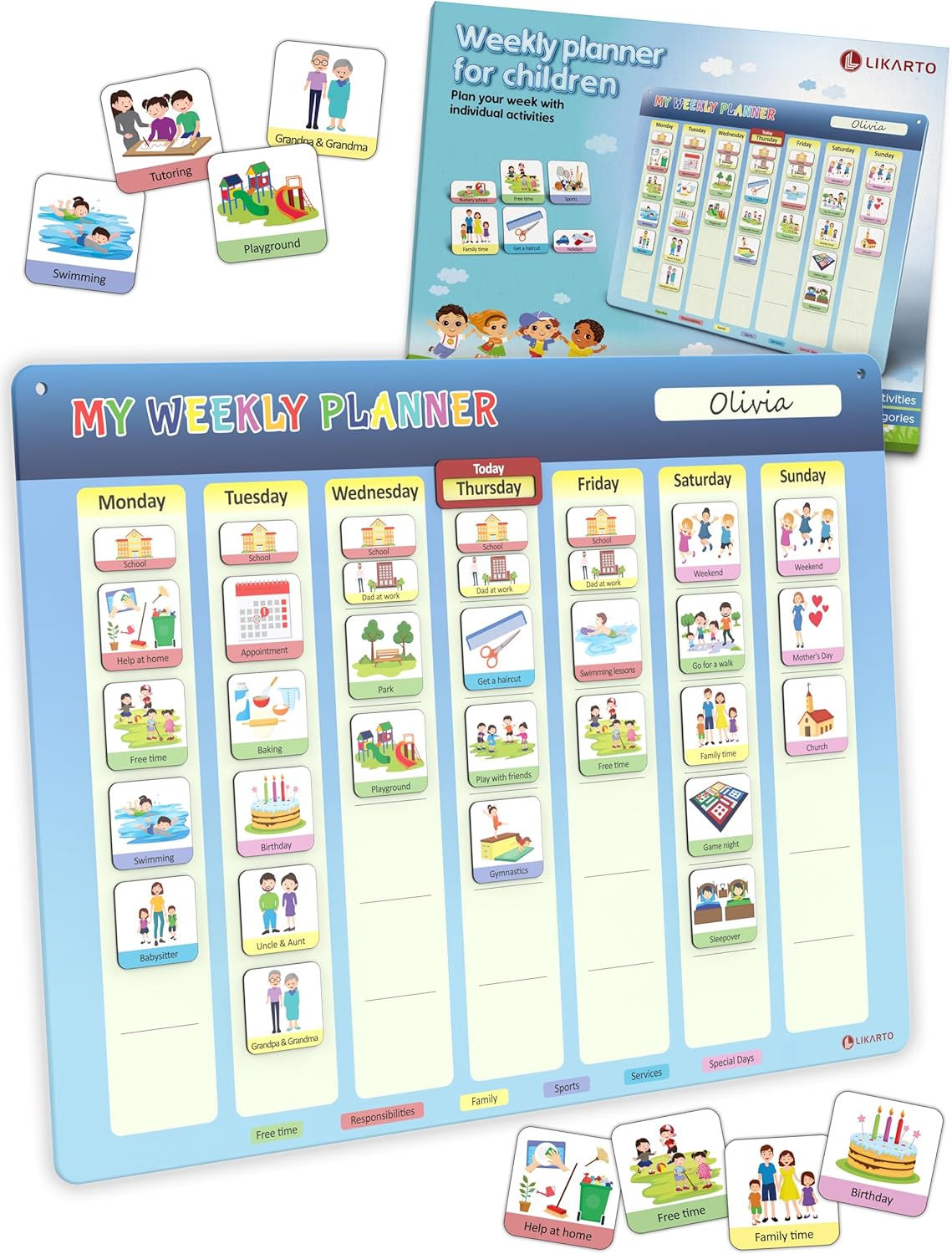Visual Timetable Weekly Planner for Kids – Montessori Magnetic Board incl. 194 Magnets & Cord – Fully Writable & Wipeable – Encourages Independence