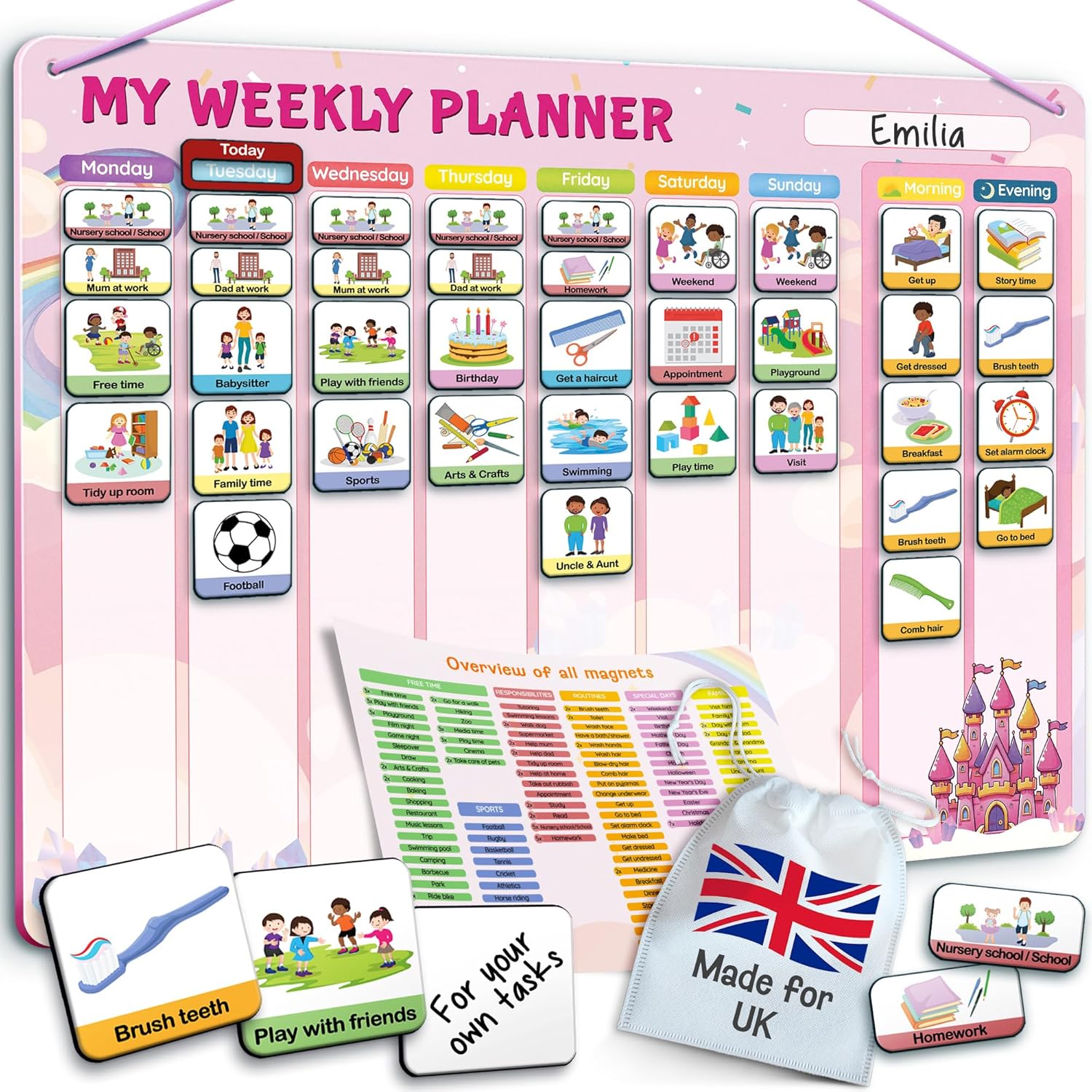 Visual Timetable for Kids – 2-in-1 Weekly + Daily Schedule – Magnetic Timetable with 194 Magnets and Magnetic Backing – Morning Routine Chart – Now and Next Board Autism – ADHD Aids – Pink
