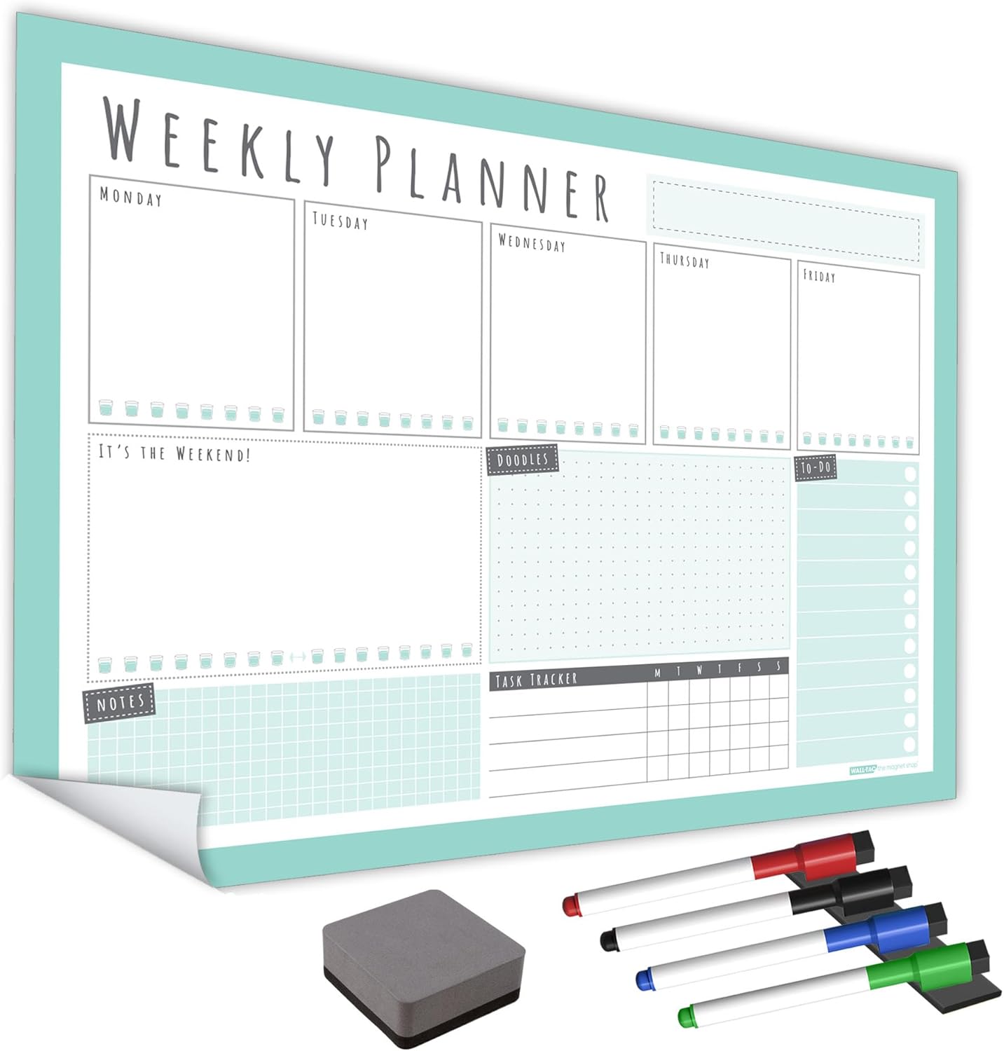 WallTAC A3 Weekly Planner Whiteboard Sticker for Wall | Made in The UK | Easy-to-Remove Dry Wipe Calendar with Reusable Adhesive | Family Meal Planner or to Do List for Home and Office