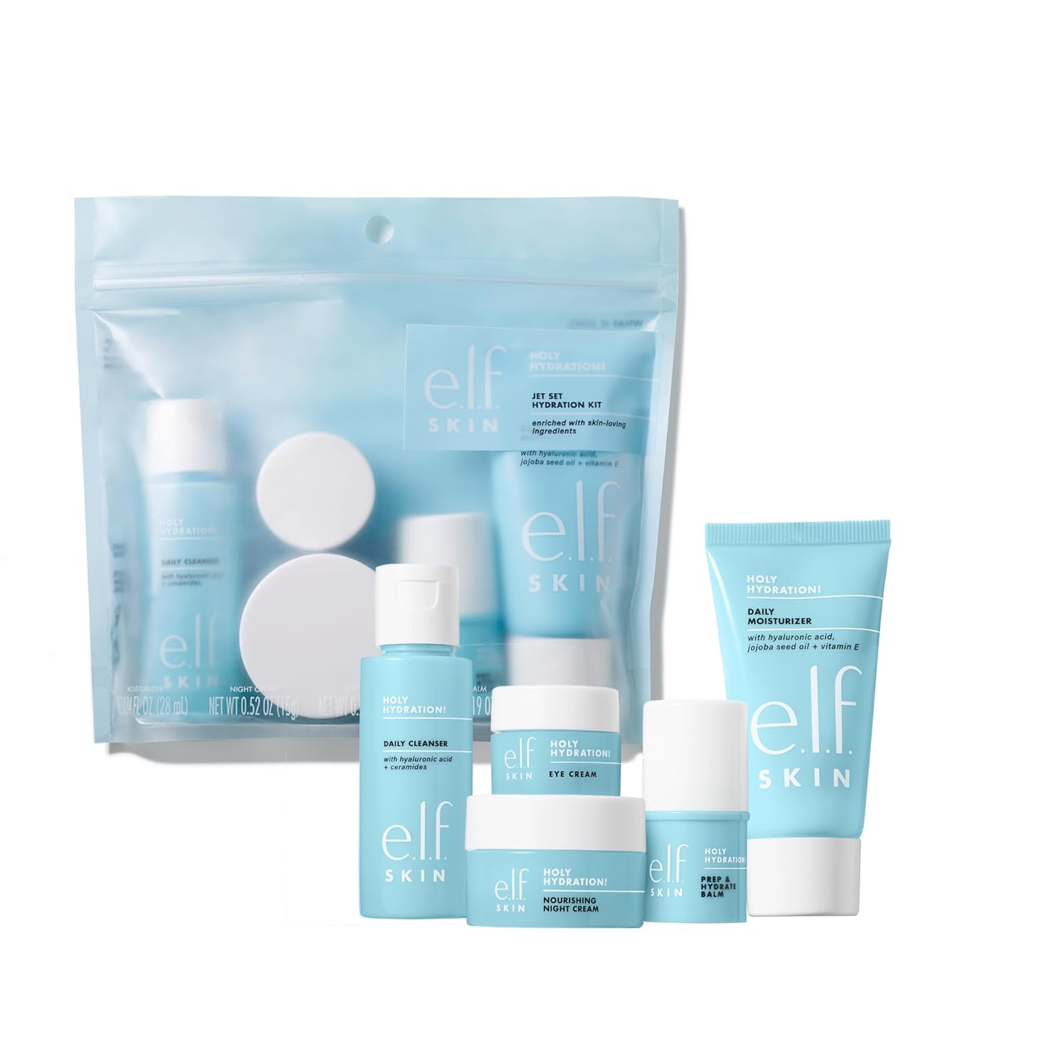 e.l.f. Skin Holy Hydration! Jet Set Travel-Friendly Hydrating Skincare Kit with Cleanser, Balm, Moisturizer, Eye & Night Cream, Vegan & Cruelty-Free
