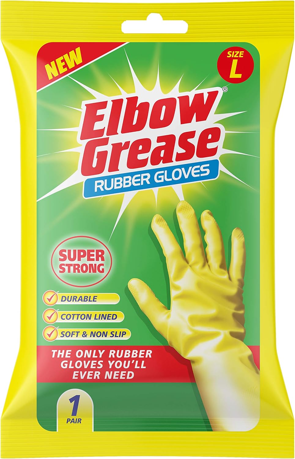Elbow Grease Rubber Gloves | Cotton Lined, Super Strong, Non-Slip Household Cleaning Gloves (Large)