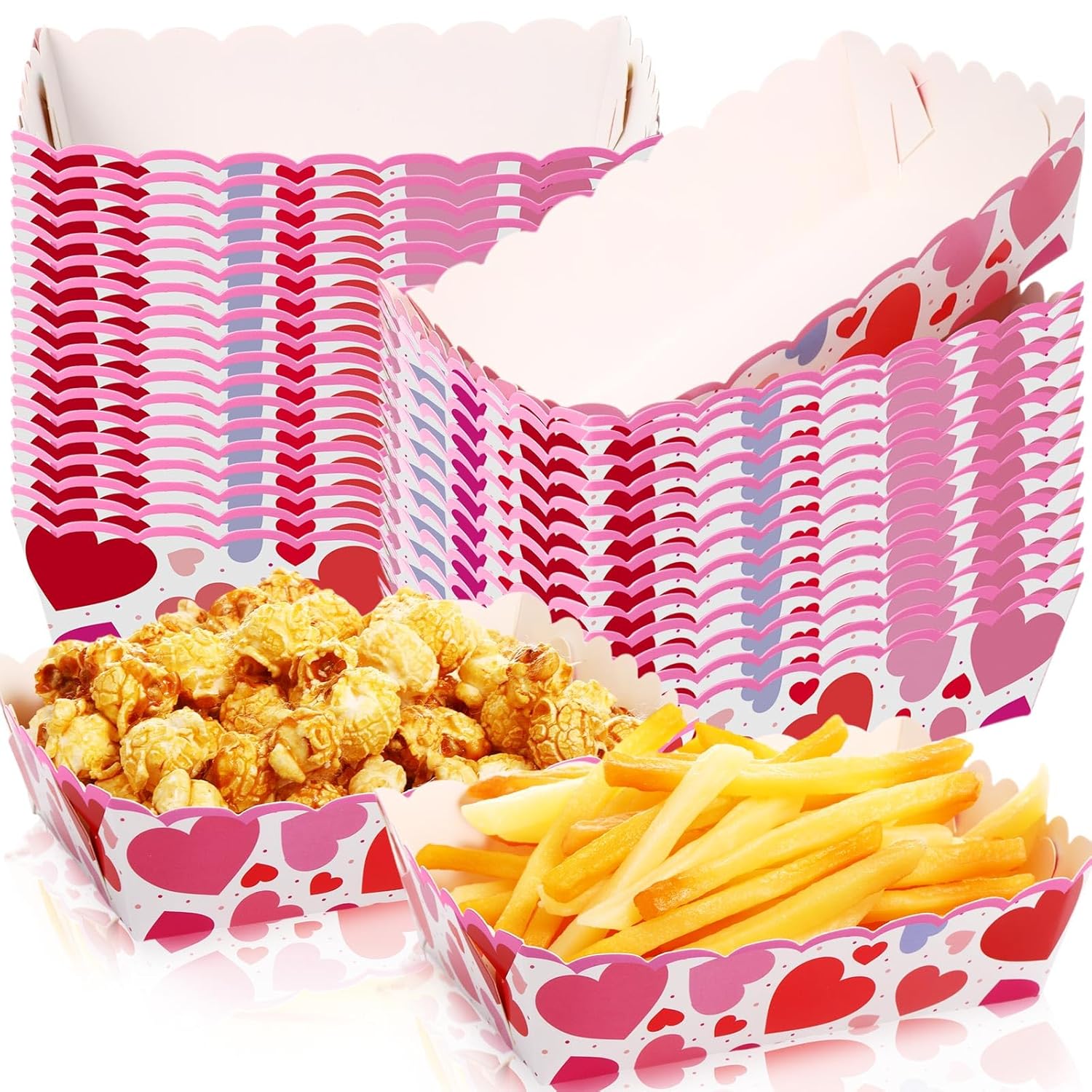60 Pcs Valentine’s Day Paper Plates Food Trays Pink Red Love Heart Paper Bowls Valentines Disposable Snack Popcorn Serving Boats Holder for Galentines Movie Night Party Supplies(Vivid)