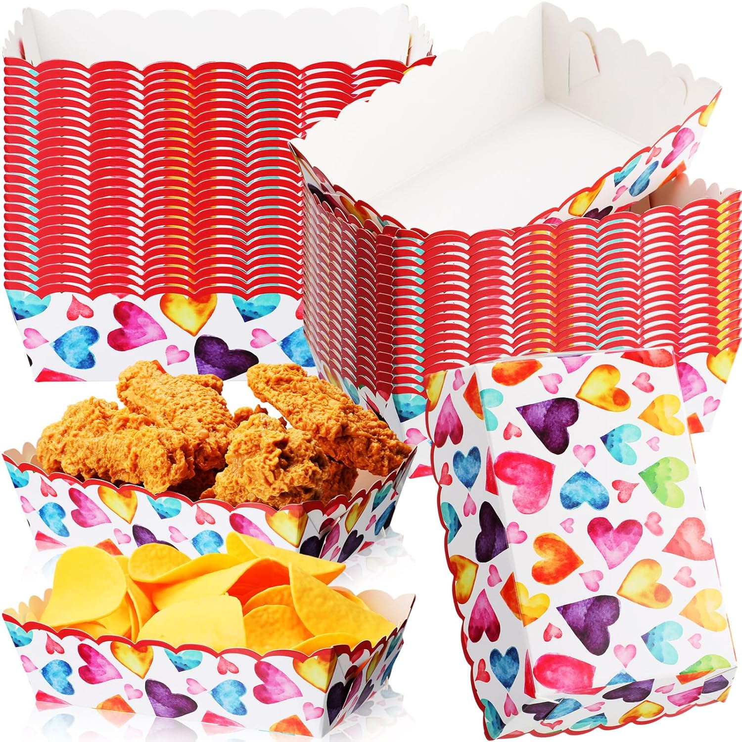 60 Pcs Valentine’s Day Paper Plates Food Trays Pink Red Love Heart Paper Bowls Valentines Disposable Snack Popcorn Serving Boats Holder for Galentines Movie Night Party Supplies(Watercolor)