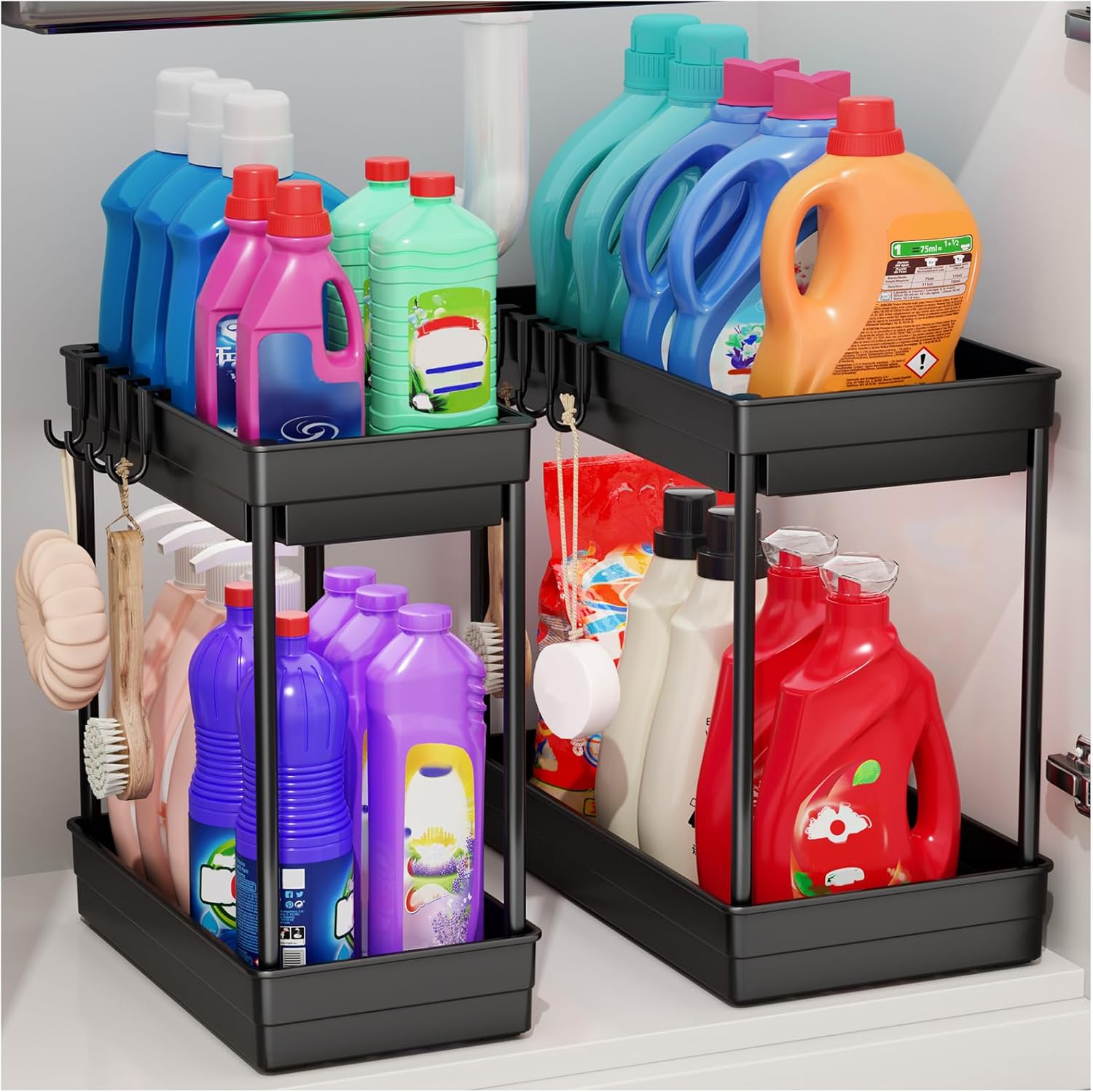 2 Pack Under Sink Storage – 2 Tier Kitchen Storage and Organisation Cupboard Organiser, Under Sink Shelf, Under Cabinet Organizer with Hooks, for Bathroom Kitchen Countertop, 2 Size 1L+1M