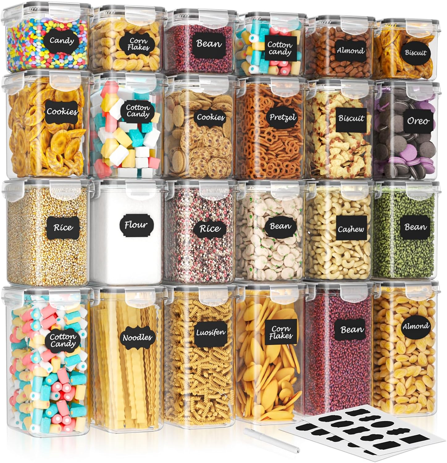 24 PCS Food Storage Containers, Kitchen Storage, 33.6L BPA Free Pantry Organizers and Storage Plastic Leak-Proof Canisters for Cereal Dry Food, Flour and Sugar Includes 24 Labels & 1 Marker