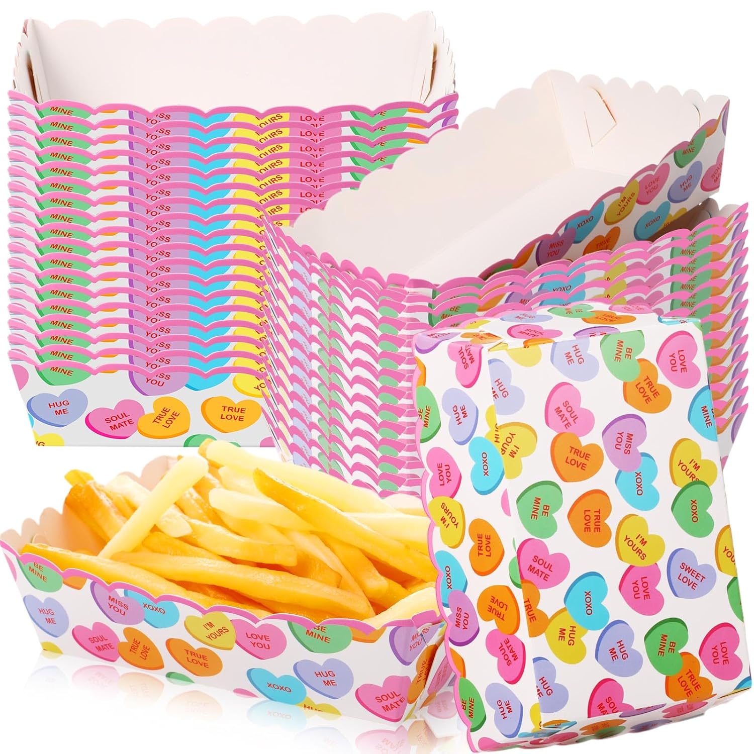 60 Pcs Valentine’s Day Paper Plates Food Trays Pink Red Love Heart Paper Bowls Valentines Disposable Snack Popcorn Serving Boats Holder for Galentines Movie Night Party Supplies(Fresh)