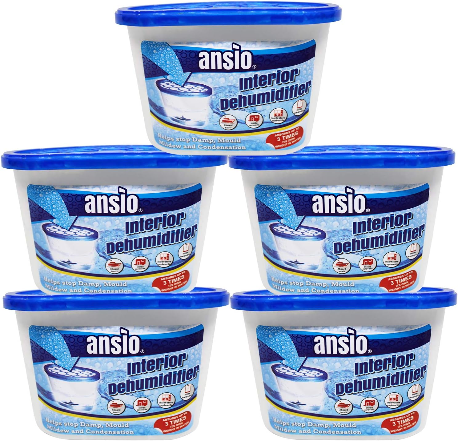 ANSIO Dehumidifier Disposable Pack of 5 Room Moisture Absorber Condensation Remover De Humidifiers for Damp, Mould in Home, Bathroom, Window, House, Kitchen, Wardrobe, Bedroom Interior Moisture Traps