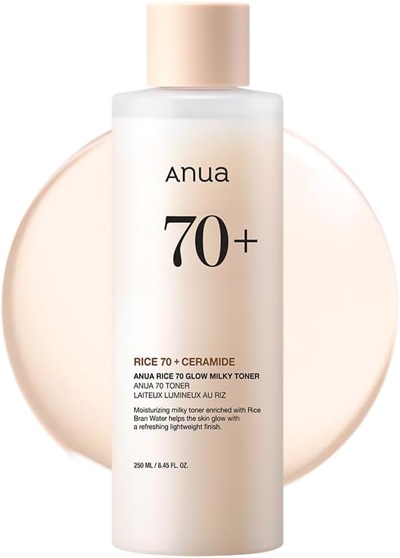 Anua Rice 70 Glow Milky Toner, Glass & Dewy Skin, Hydrating & Barrier Care, Rice Water, Niacinamide, Ceramides, All Skin Types, Fragrance-Free, Non Comedogenic, Korean Skincare, 8.45fl.oz