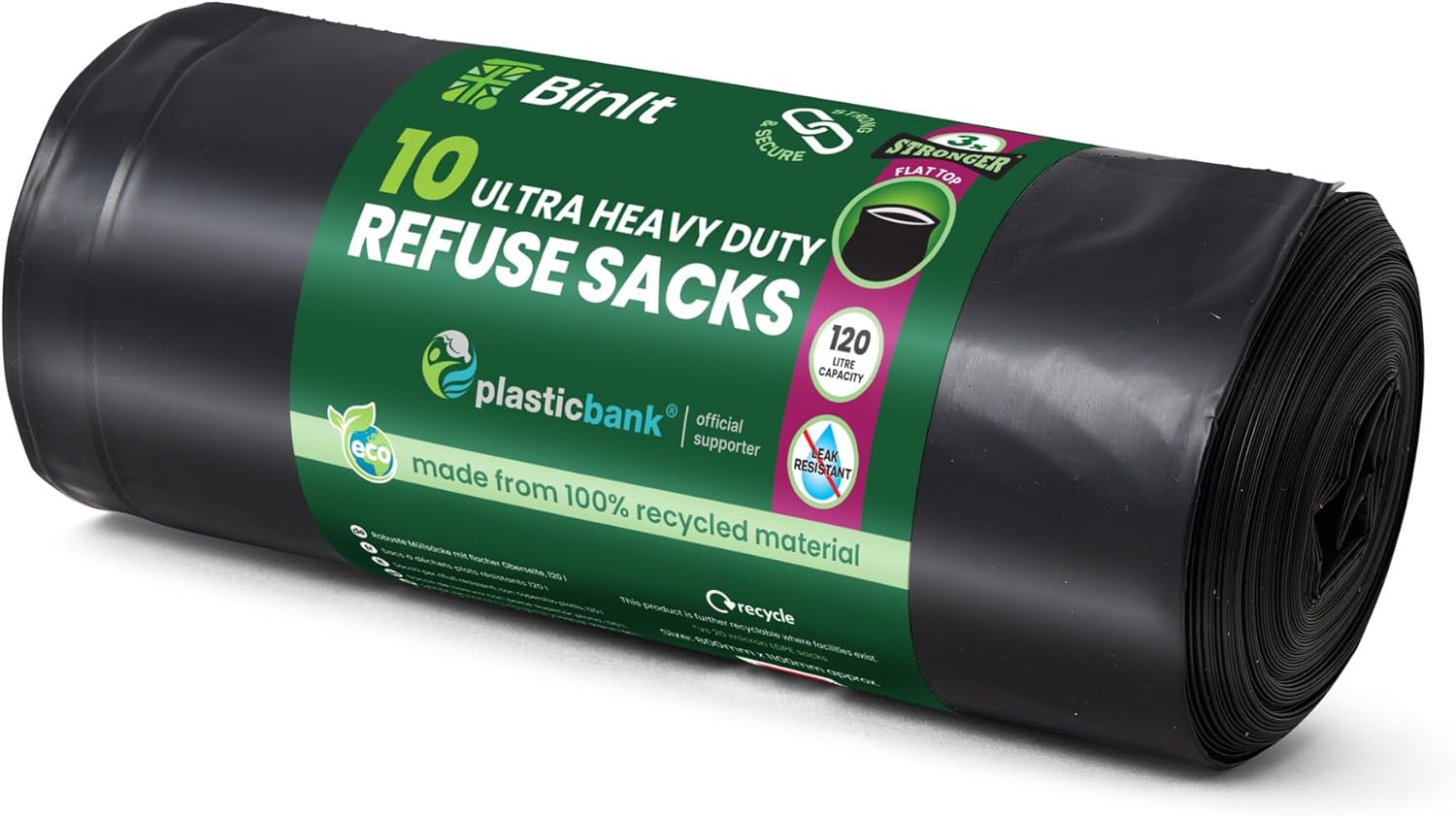 BIN IT 10 Ultra Heavy Duty, 120 Litre XL Refuse Sacks, Bin Bags, Bin Liners, 80kg Lift Tested, Super Strong, 60 μm, Perfect for Household, Office, Garden, Commercial, DIY, Caterers, Builders