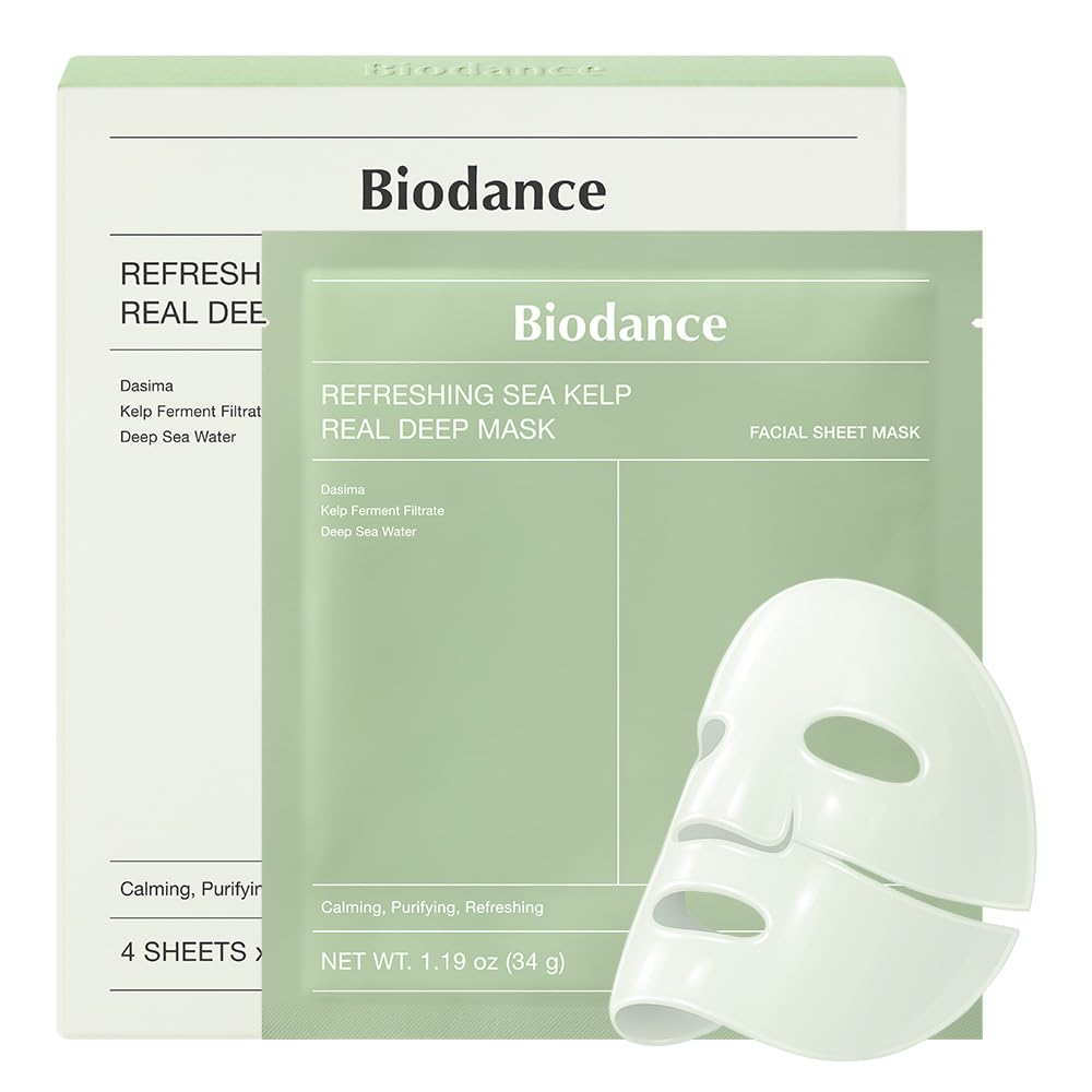 BIODANCE Refreshing Sea kelp Real Deep Mask, Overnight Hydrogel Mask, Calming, Oil & Sebum Control, Blemish Care, Korean Skin Care, Valentines Day Gifts for Her | 1.19oz(34g) x 4ea