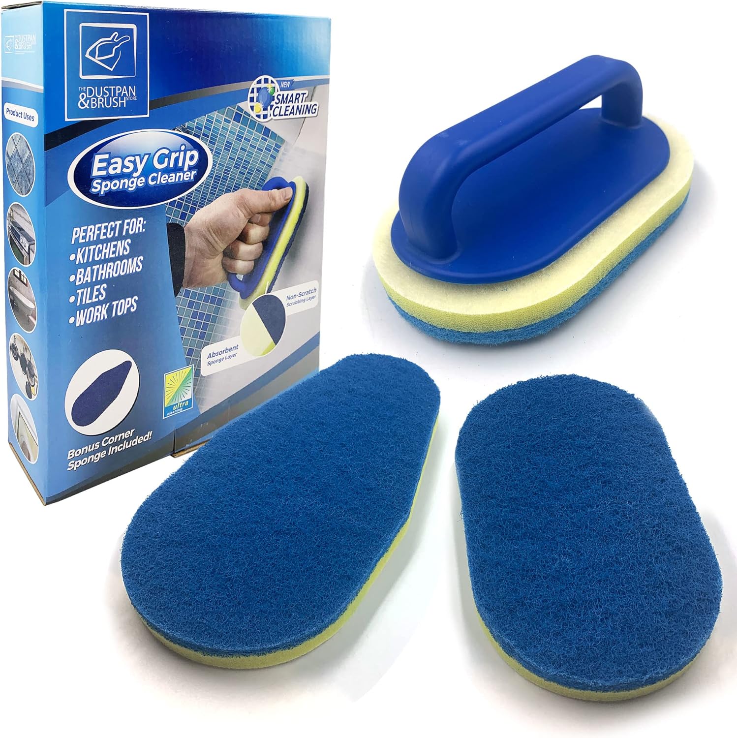 Bathroom Cleaning Sponge with Handle, Scourers Sponge Kit with 2 Oval-Shaped Cleaning Sponges, 1 Corner Sponge Scourer and 1 Detachable Sponge Handle, Scrubbing Sponge for Kitchen, Tiles or Bathtub