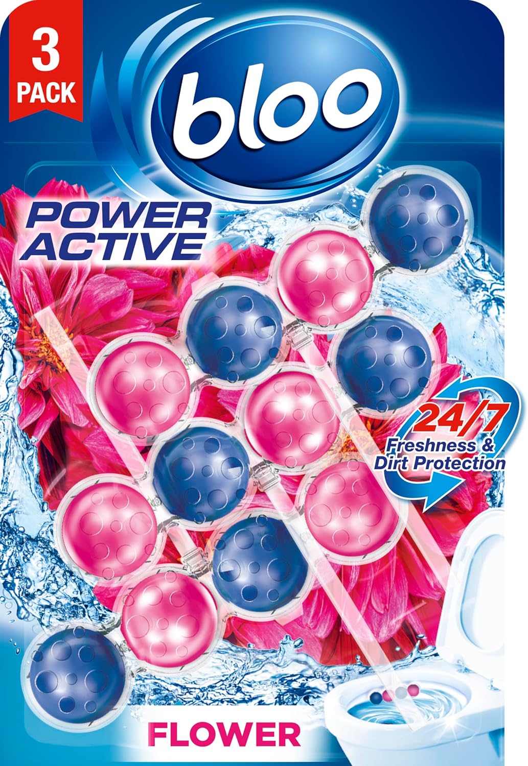 Bloo Power Active Toilet Rim Block Fresh Flowers, with Anti-Limescale, Cleaning Foam, Dirt Protection and Extra Freshness – Pack of 3 Rimblocks