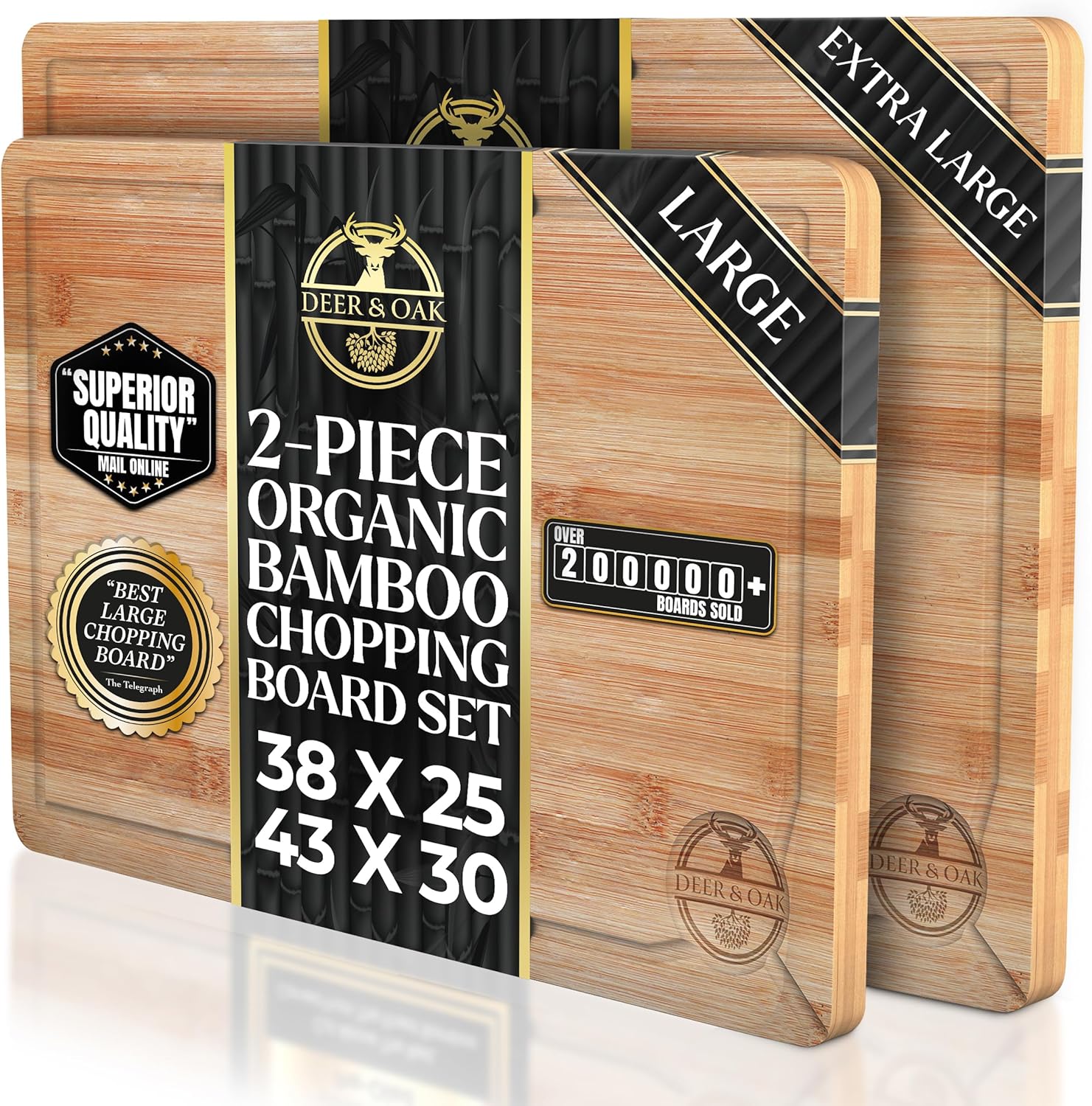 Deer & Oak Wooden Chopping Board Set – 1x Large 38 x 25 x 2cm & 1x XL 43 x 30 x 2cm, Pre Oiled Bamboo Cutting Board Set for Carving Meat, Fish, Vegetables, Chopping Boards for Kitchens