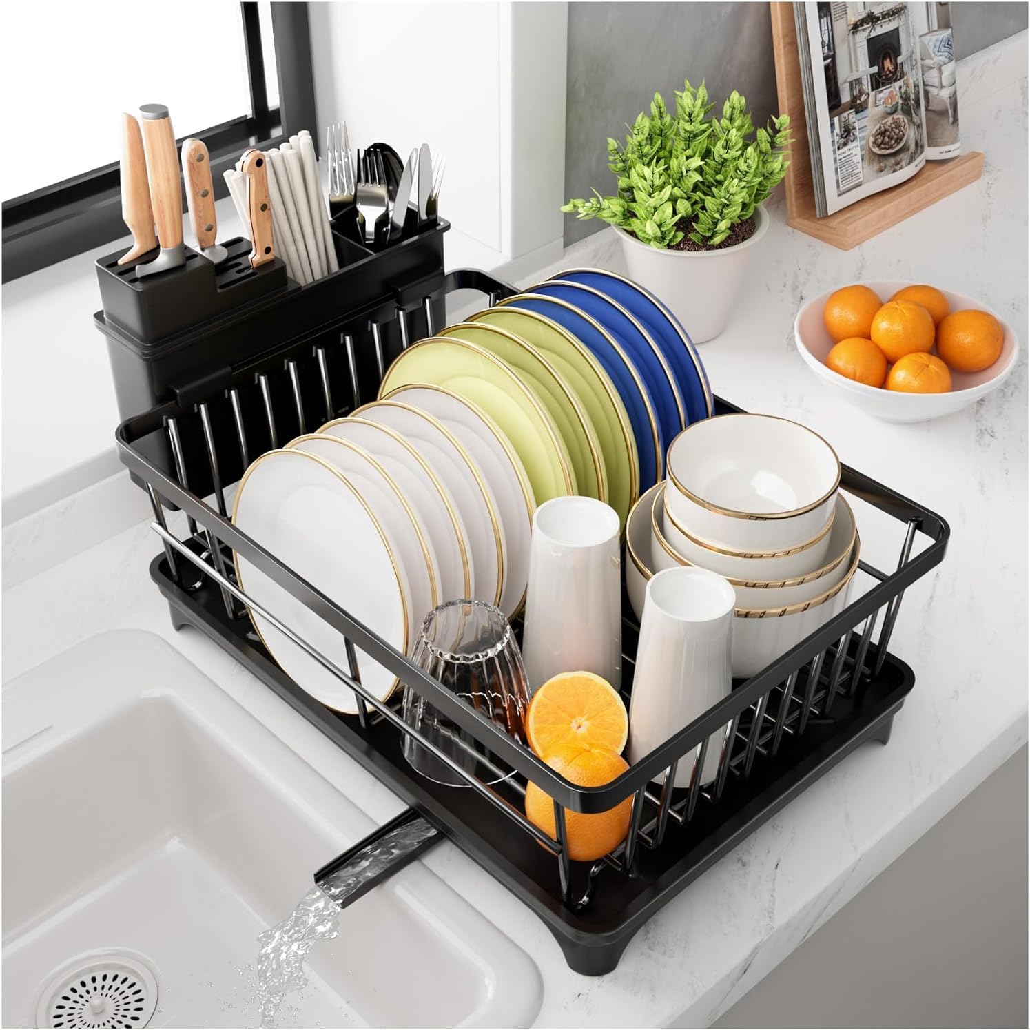 Dish Drainer Rack – Space-Saving Dish Rack with Utensil Holder for Kitchen Counter, Large Capacity Dish Drying Rack with Draining Board, Black