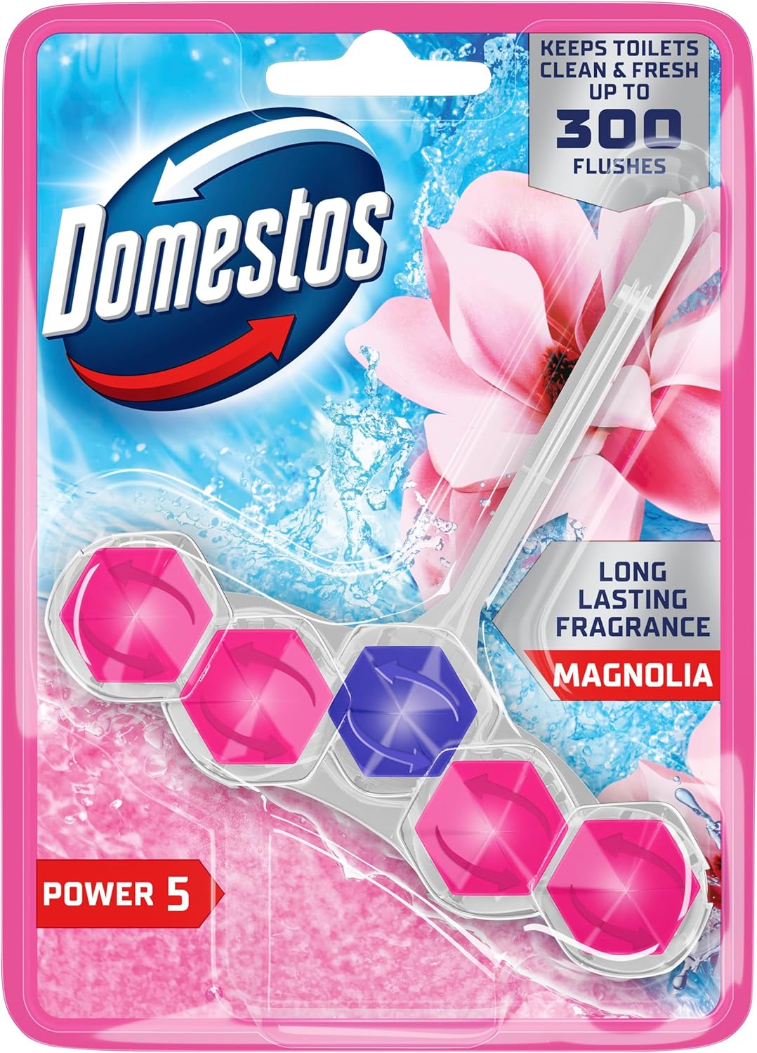 Domestos Power 5 Magnolia Toilet Rim Block toilet freshener with a long-lasting fragrance cleans and freshens for up to 300 flushes 50 g