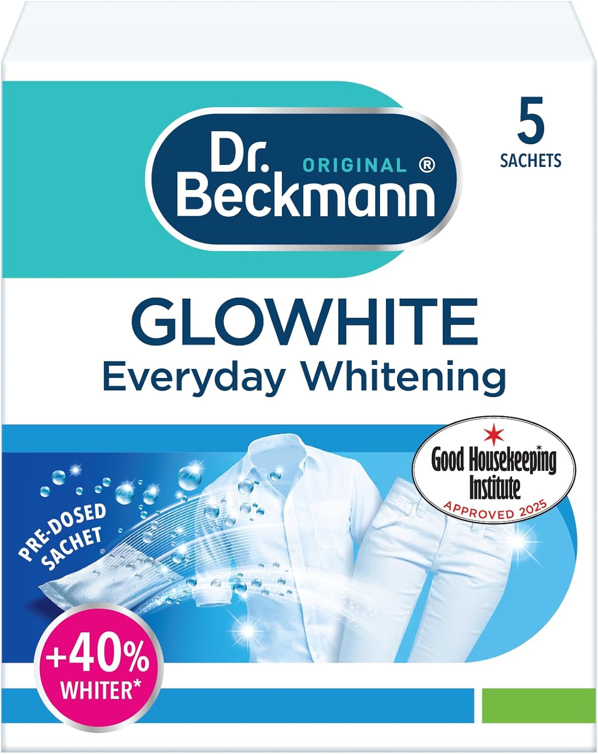 Dr. Beckmann Glowhite | maintains brighter white laundry | 5 In-Wash Sachets