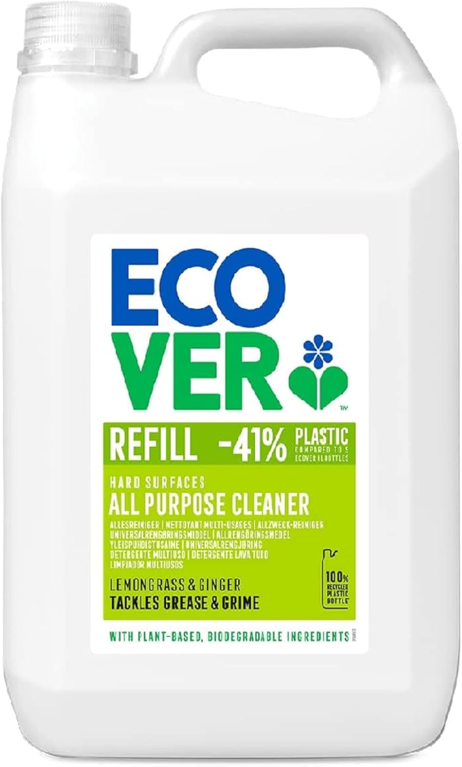 Ecover All Purpose Cleaner Refill, Tackles Dirt & Grime, For Hard Surfaces, Lemongrass & Ginger Scent, Pack of 1, 1 x 5L