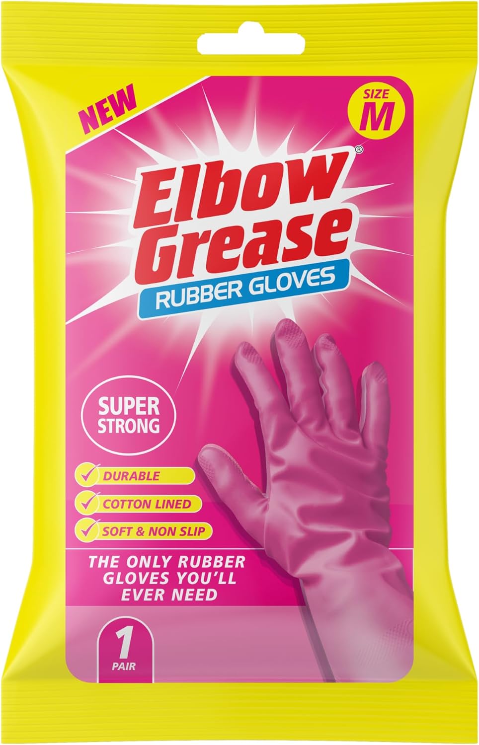 Elbow Grease Pink Rubber Gloves | Super Strong, Cotton Lined, Non-Slip Household Gloves (Medium – 1 Pack)