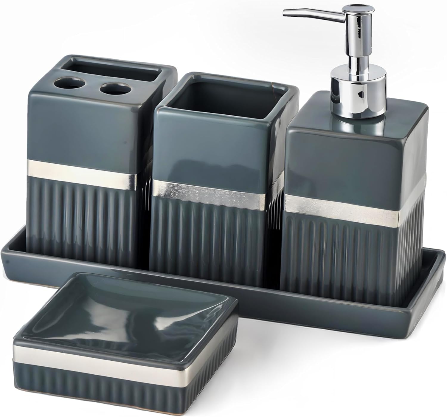 Elegance Collection | Set of 5 Luxury Bathroom Accessories | Soap Dispenser, Toothbrush Holder, Multipurpose Holder, Tumbler, Vanity Tray | Stylish Décor & Organiser (Grey Elegance)