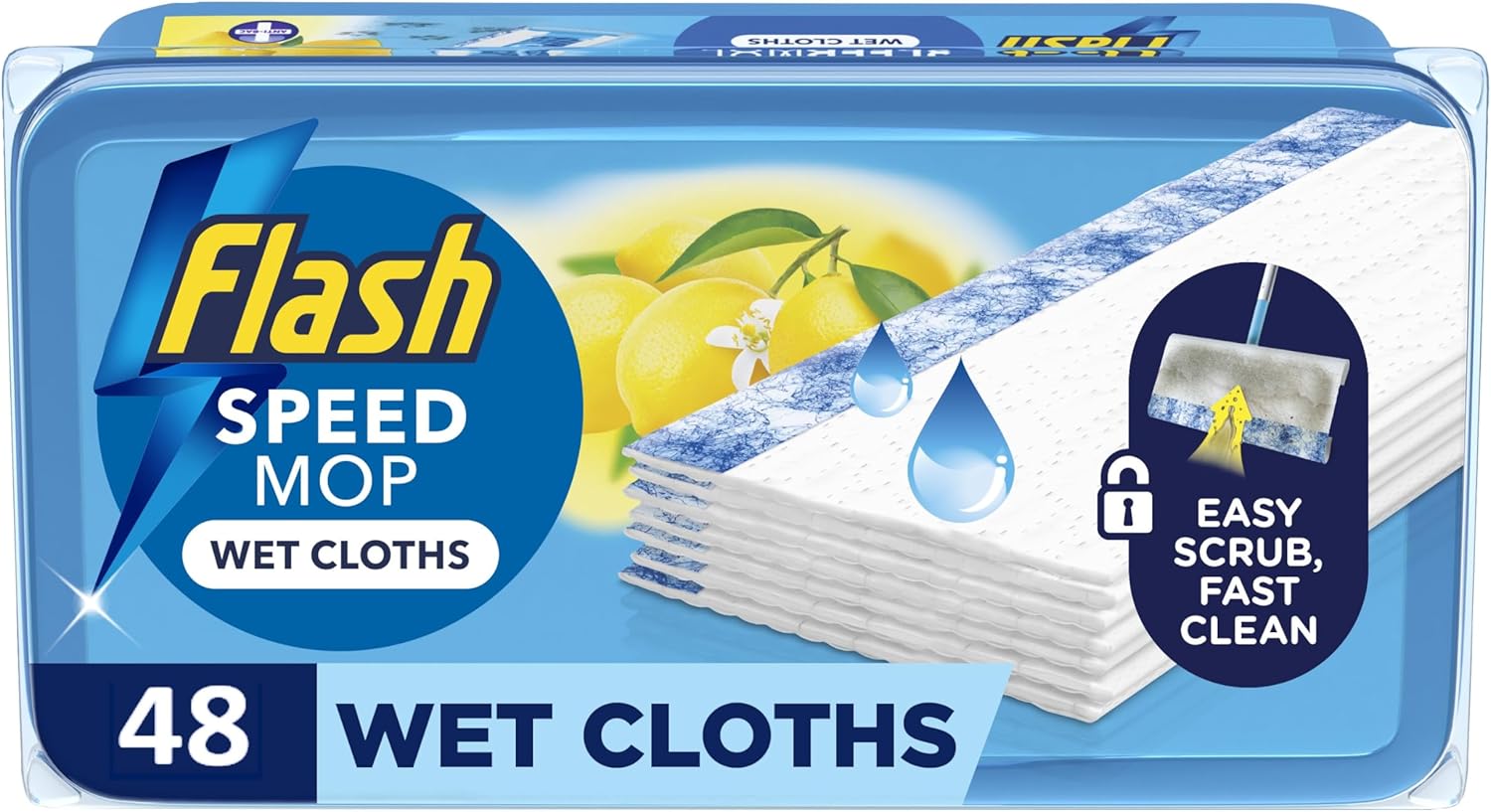 Flash Speedmop Wet Floor Cleaning Wipes, 48 Cloths (24×2), Antibac Lemon Multi-Surface, Trap & Lock Daily Dirt, Grease & Grime Without Getting Down On Your Knees