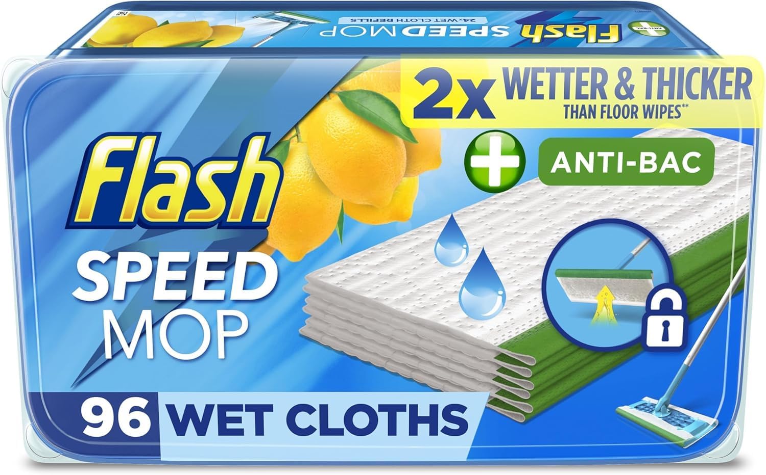 Flash Speedmop Wet Floor Cleaning Wipes, 96 Cloths (24×4), Antibac Lemon Multi-Surface, Trap & Lock Daily Dirt, Grease & Grime Without Getting Down On Your Knees ( Package may vary)