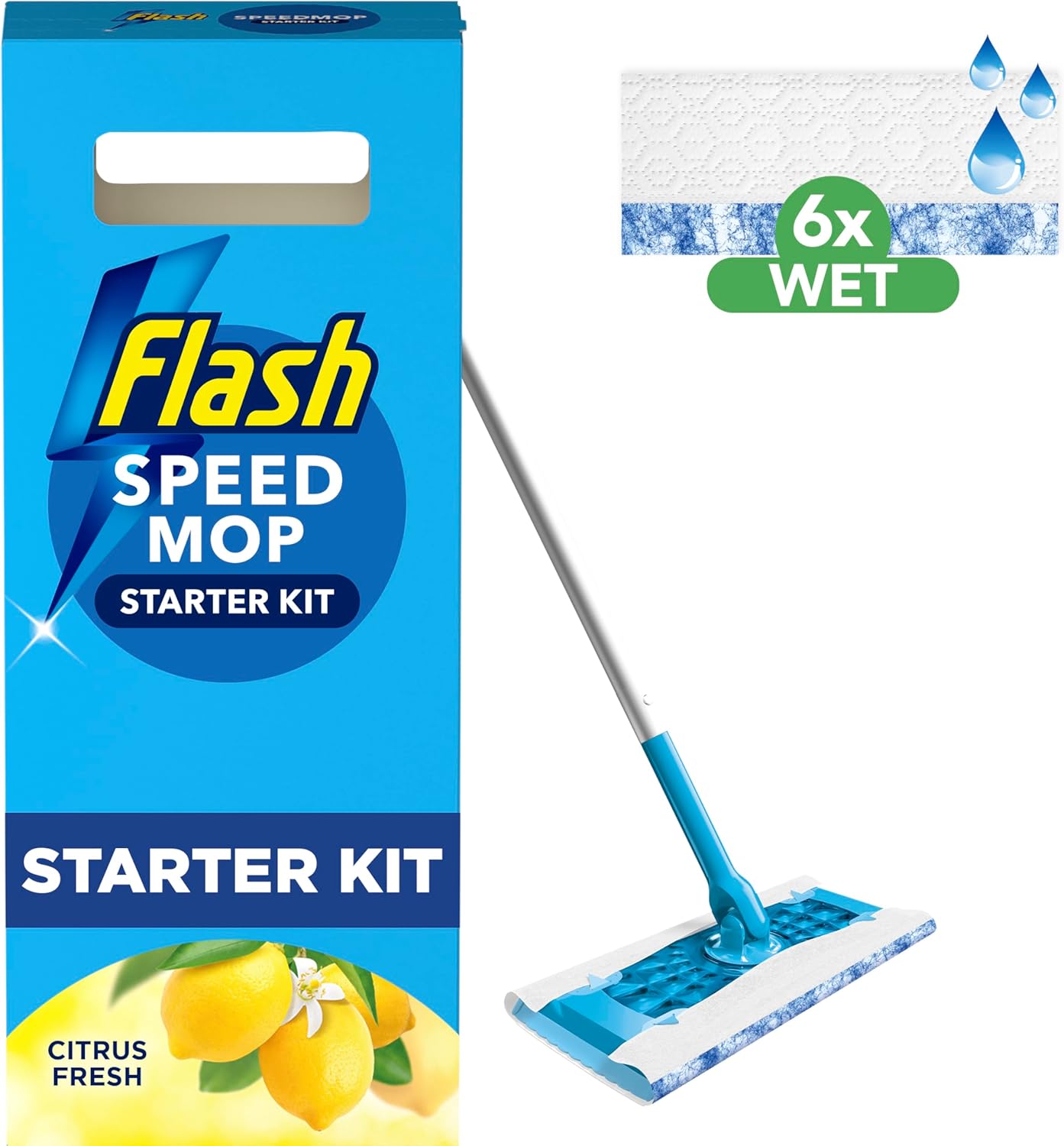 Flash Speedmop Wet Mop Floor Cleaner Starter Kit For Cleaning Floors With Scrubbing Action, Includes 1 Handle & 6 Wet Refills