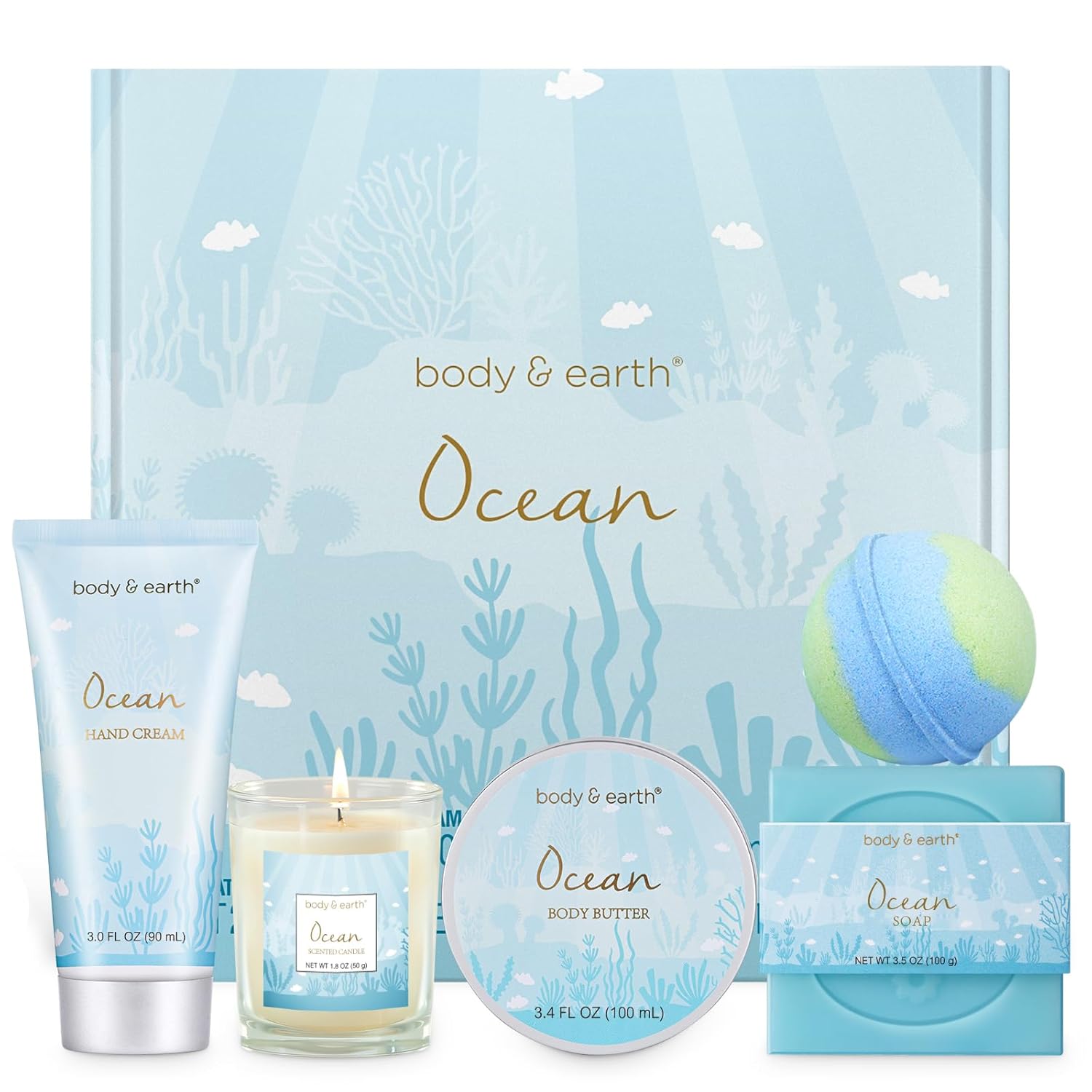 Gifts for Women, Bath and Body Womens Gift Sets with 5 Pcs Ocean Scented Spa Gifts for Women Bath Gift with Scented Candle Body Butter Hand Cream Bath Bomb Valentine‘s Day Gifts