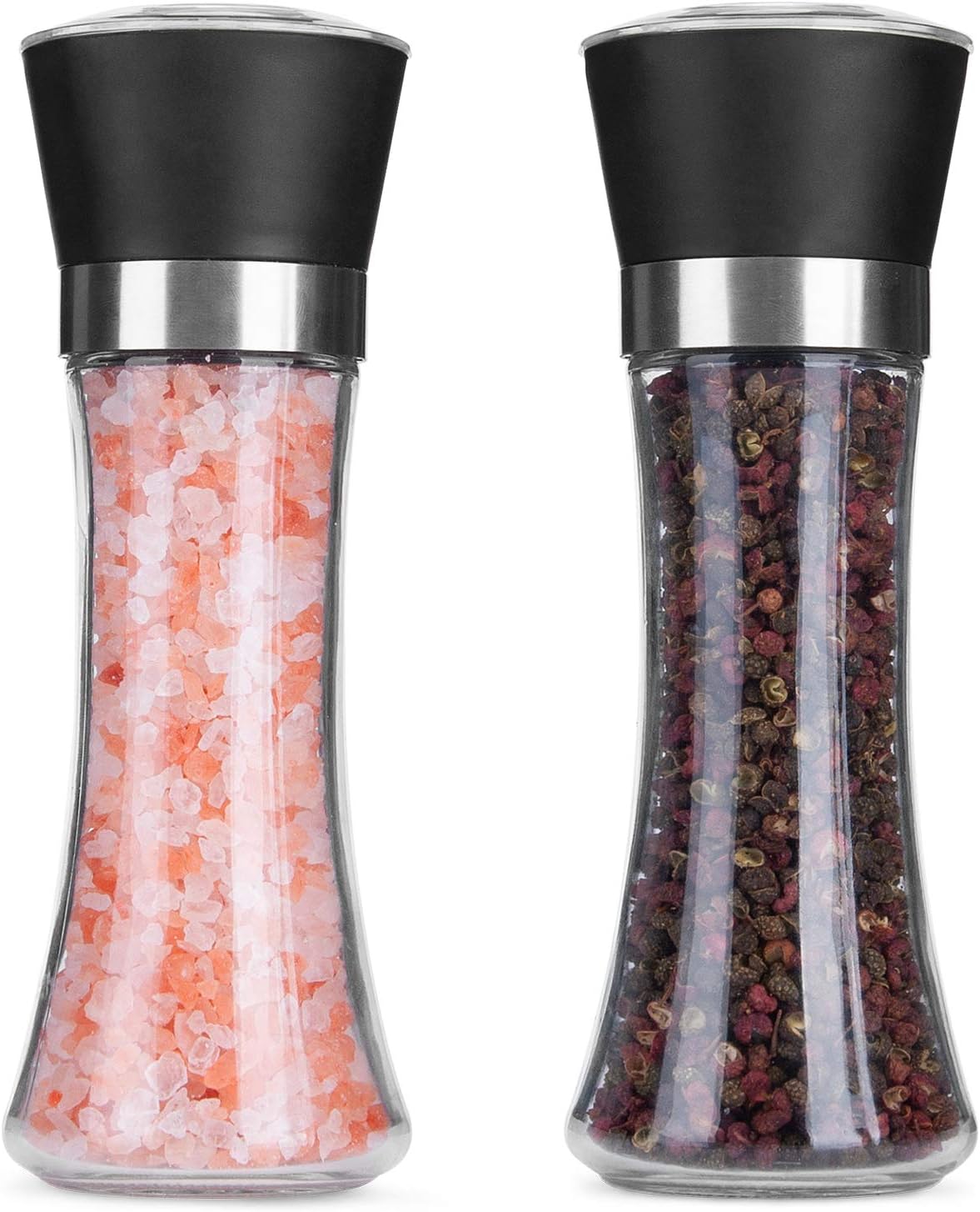 Hotder Salt and Pepper Grinder,Condiment Set,Himalayan Pink Salt & Peppercorn Mills with Adjustable Coarseness Glass Body Shakers,No Salt/Pepper Included(2 Pack) (200ml)