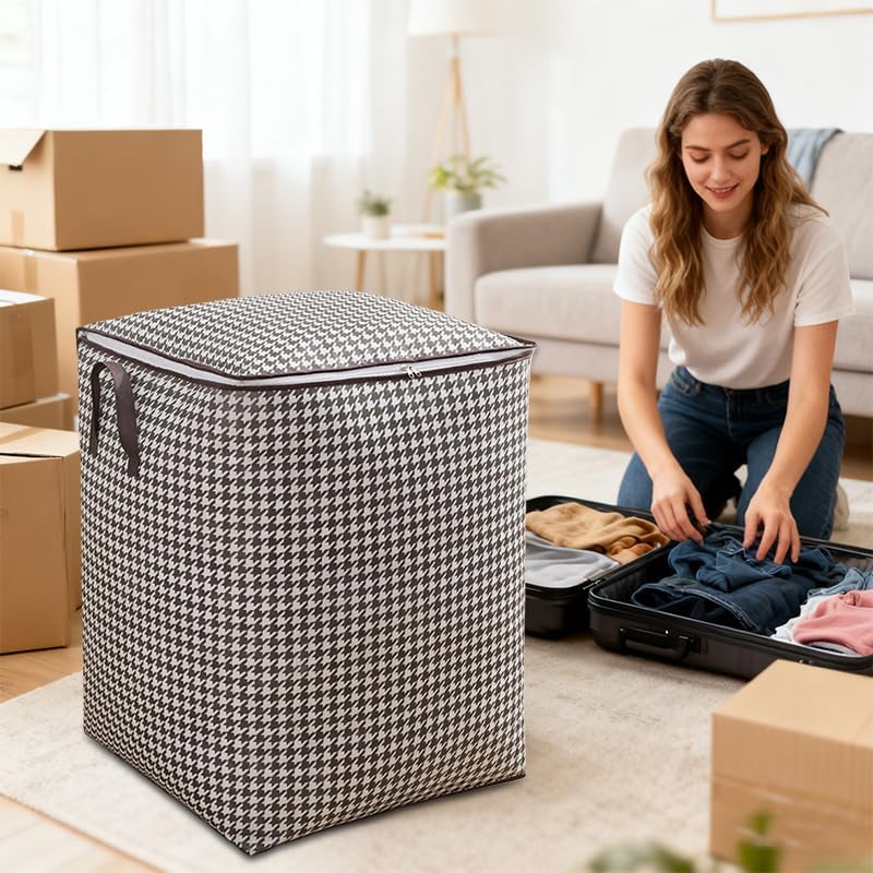 Household Storage Bag with Secure Lid & Side Handles, Seasonal Clothing Heavy Bedding and Daily Items Organizer for Bedroom Closet Living Room Laundry Room, Houndstooth