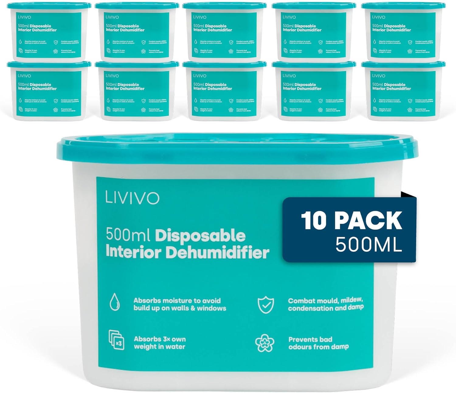 LIVIVO Dehumidifiers Disposable 500ml – 10-Pack Disposable Dehumidifiers for Home – Condensation Absorbers for Windows, Moisture Absorber, Mould Damp Trap, Interior Dehumidifier for Wardrobe, Bathroom