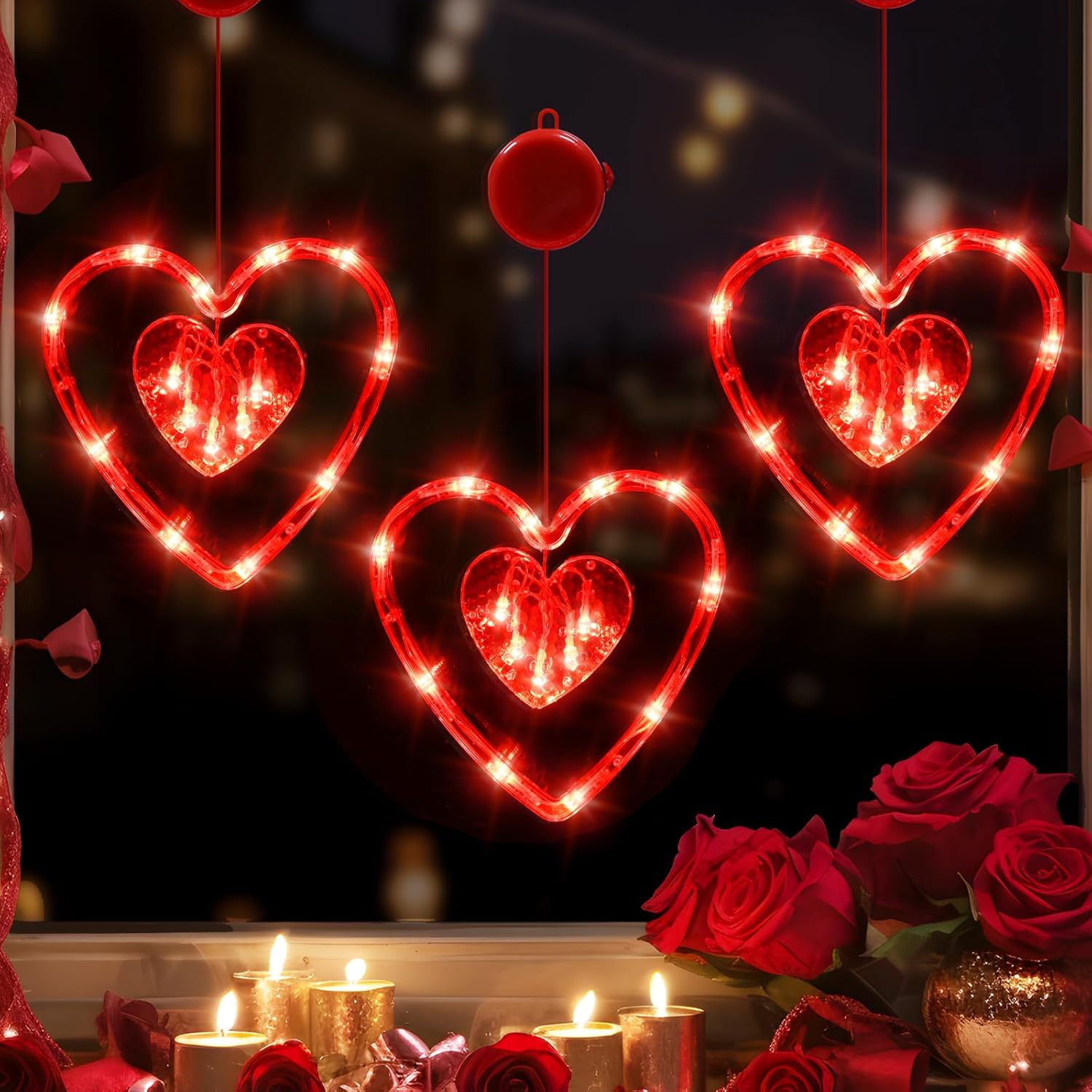 LOLStar 3 Pack Valentines Day Window Lights Decor with Timer, Battery Operated Red Heart-Shaped Window Decorations Silhouette Sucker LED Lamp Slow Fade Mode Hanging Lights for 2026 Holiday Indoor Home