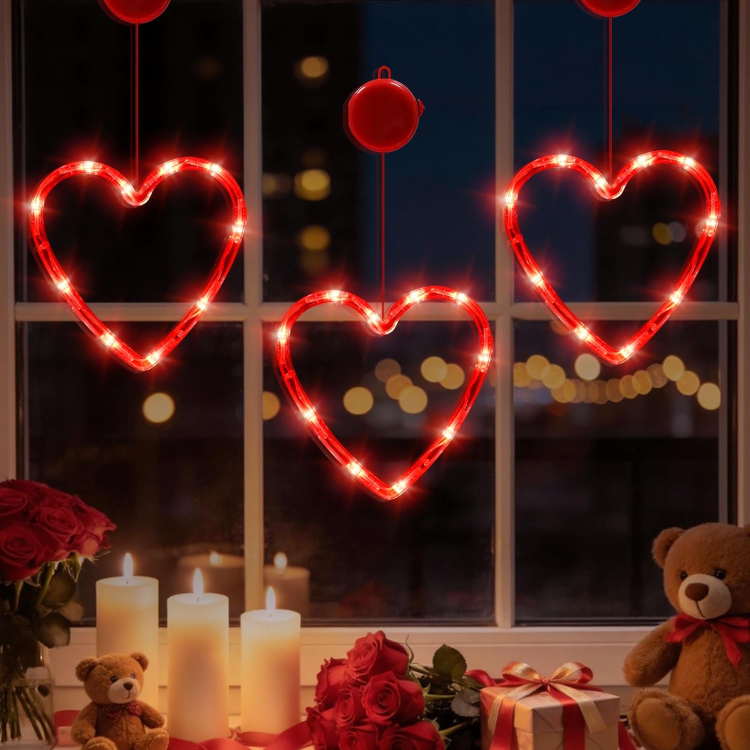 LOLStar Valentines Day Window Lights Decor with Timer, 3 Pack Battery Operated Red Heart-Shaped Window Decorations Silhouette Sucker LED Lamp Slow Fade Mode Romantic Light for 2026 Holiday Indoor Home