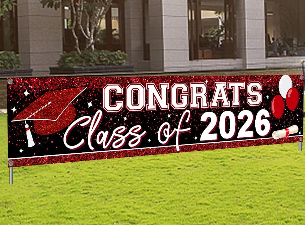 Large Congrats Class of 2026 Banner Red Backdrop Graduation 2026 Yard Sign for Graduation Party Supplies Graduation Decorations 2026(Red)
