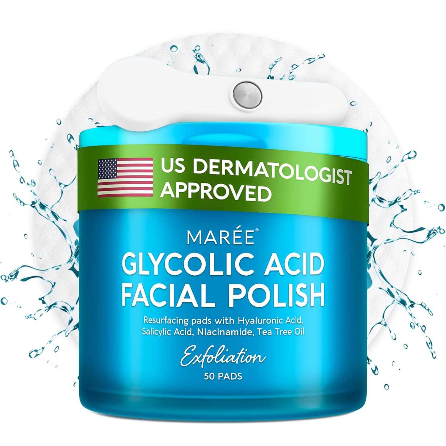 MAREE Glycolic Acid Pads – Toner Pads for Face Cleansing – Exfoliating Pad with Tea Tree Oil, Salicylic Acid & Vitamins E, B3, B5 – Acne Clearing, Skin Pore Resurfacing & Radiance Device – 50 Count