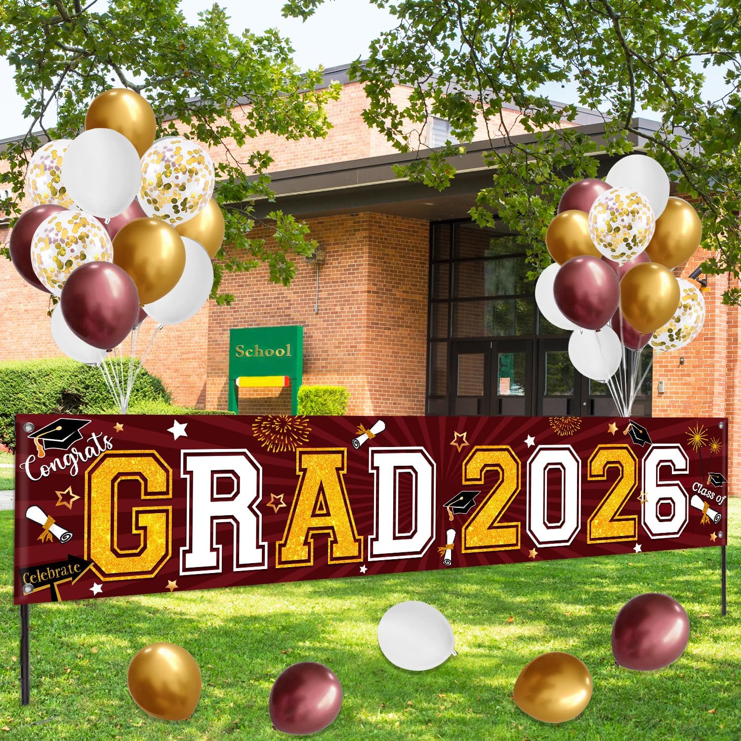 Maroon and Gold Graduation Decorations Yard Sign Banner Class of 2026 Maroon and Gold Congrats Banner Graduation Yard Sign 2026 with Balloons for Outdoor Party Supplies